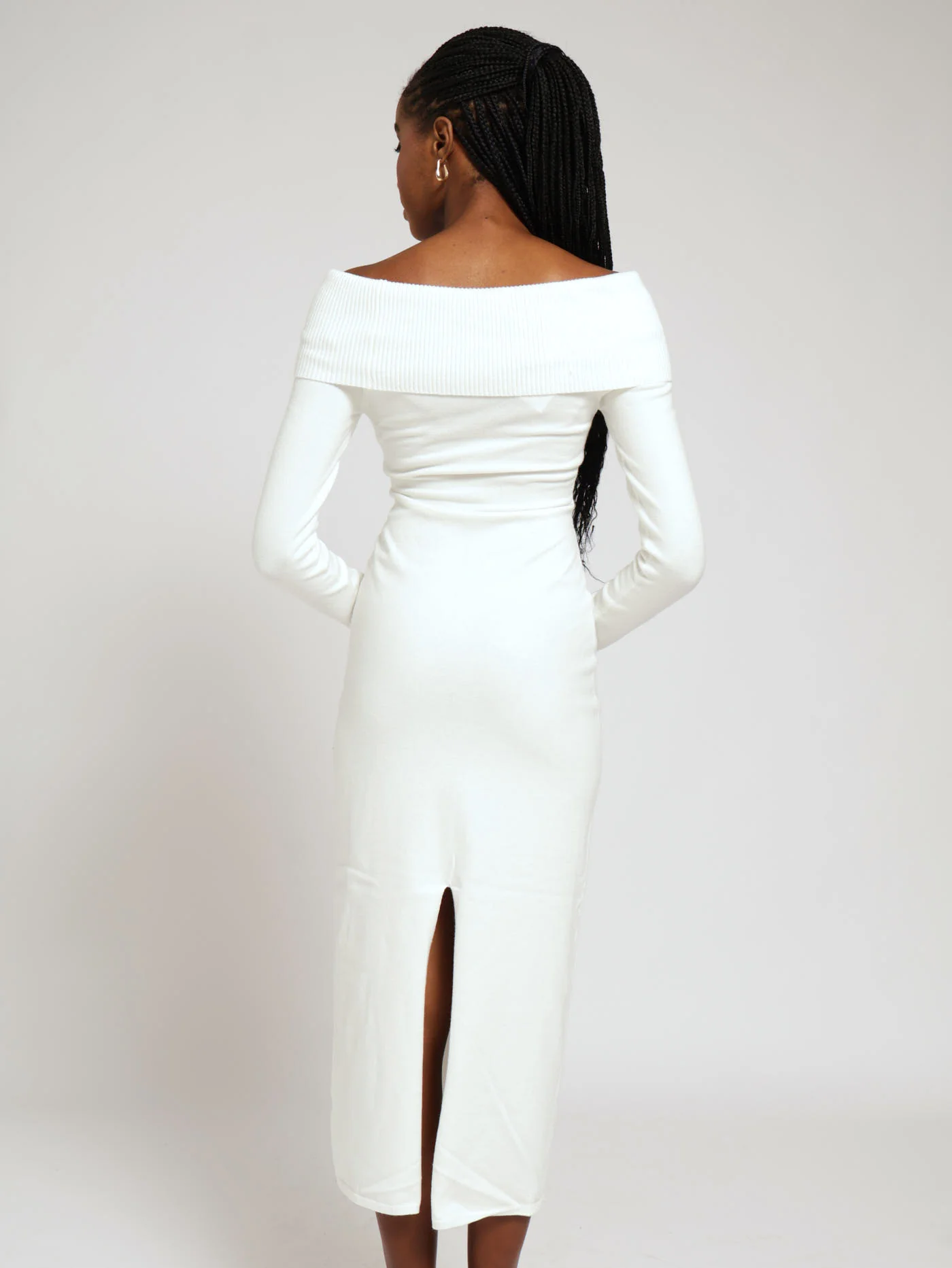 Long Sleeve Funnel Neck Ribbed Midi Dress - Cream - Image 3