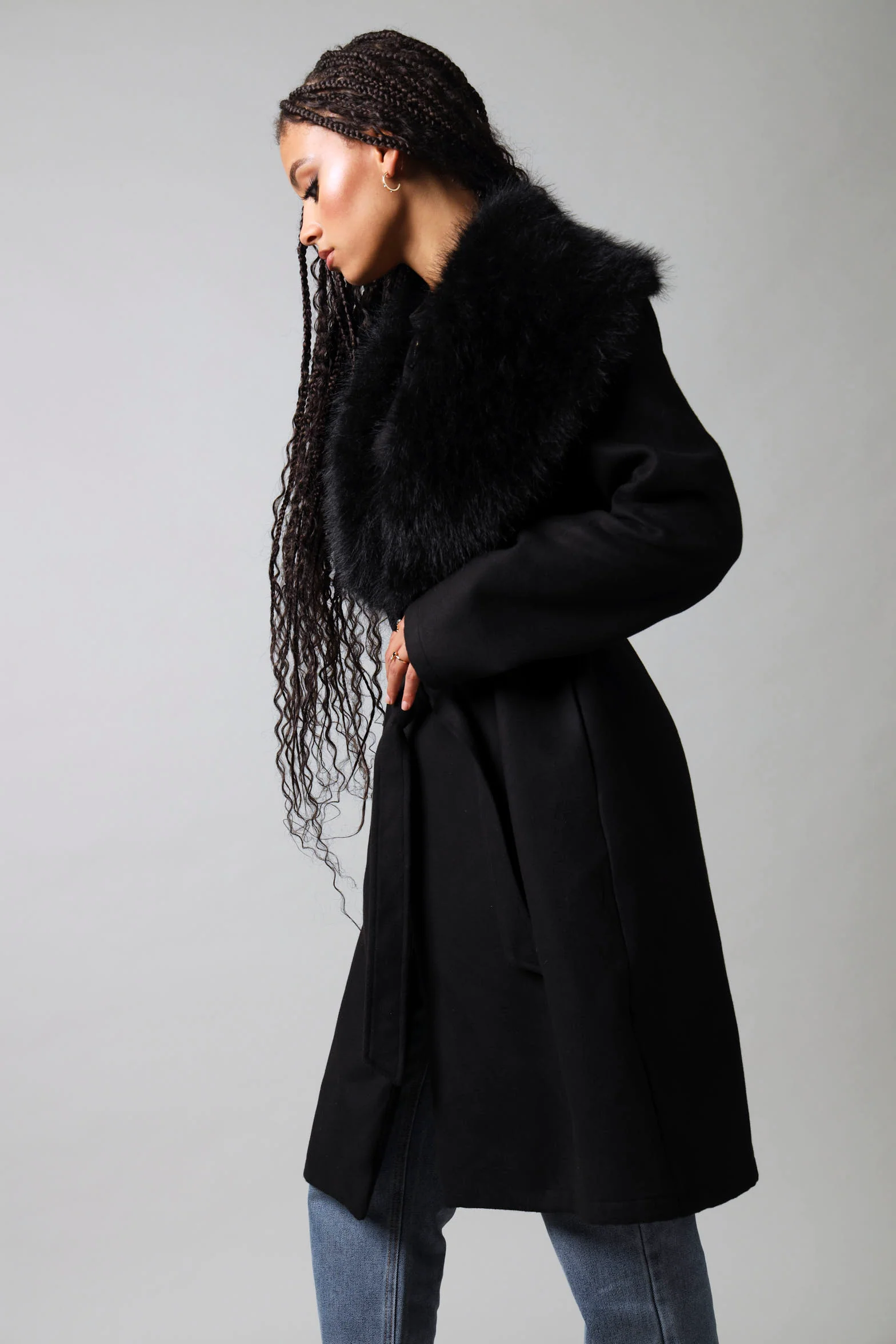 Long Sleeve Fur Collar Belted Melton Coat - Black - Image 3