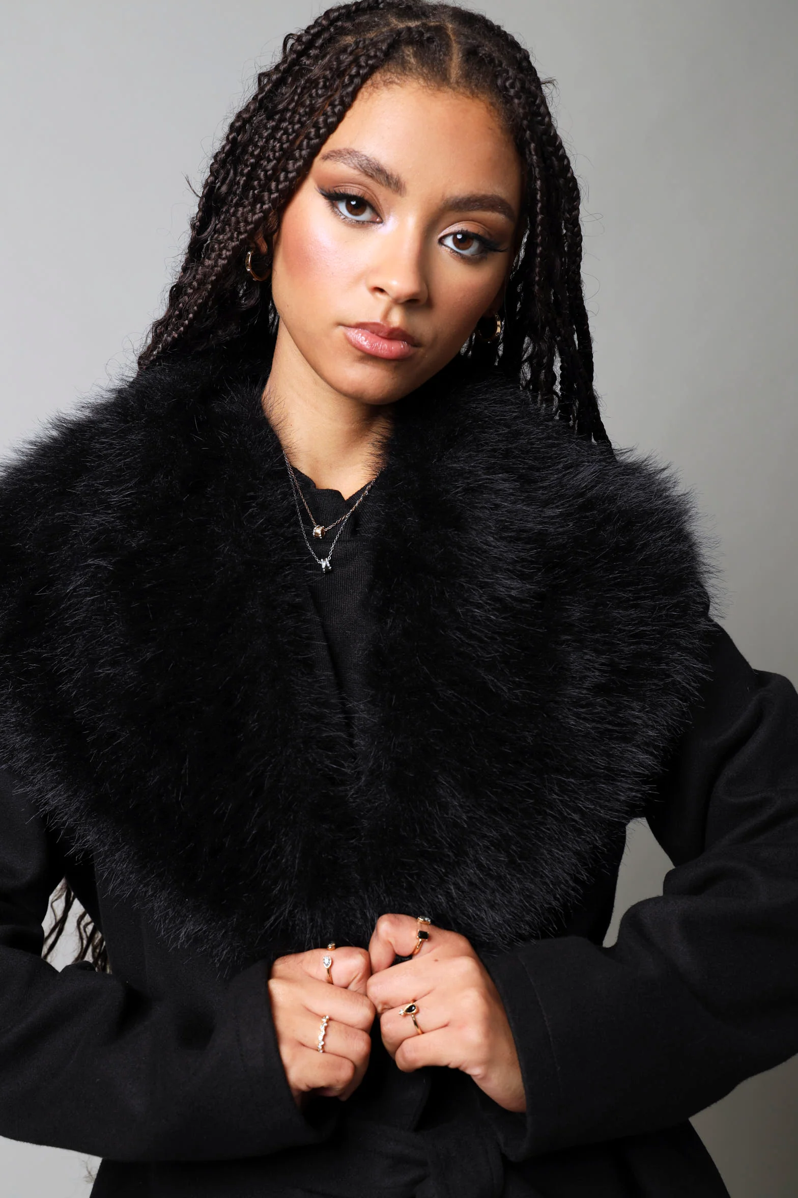 Long Sleeve Fur Collar Belted Melton Coat - Black - Image 4