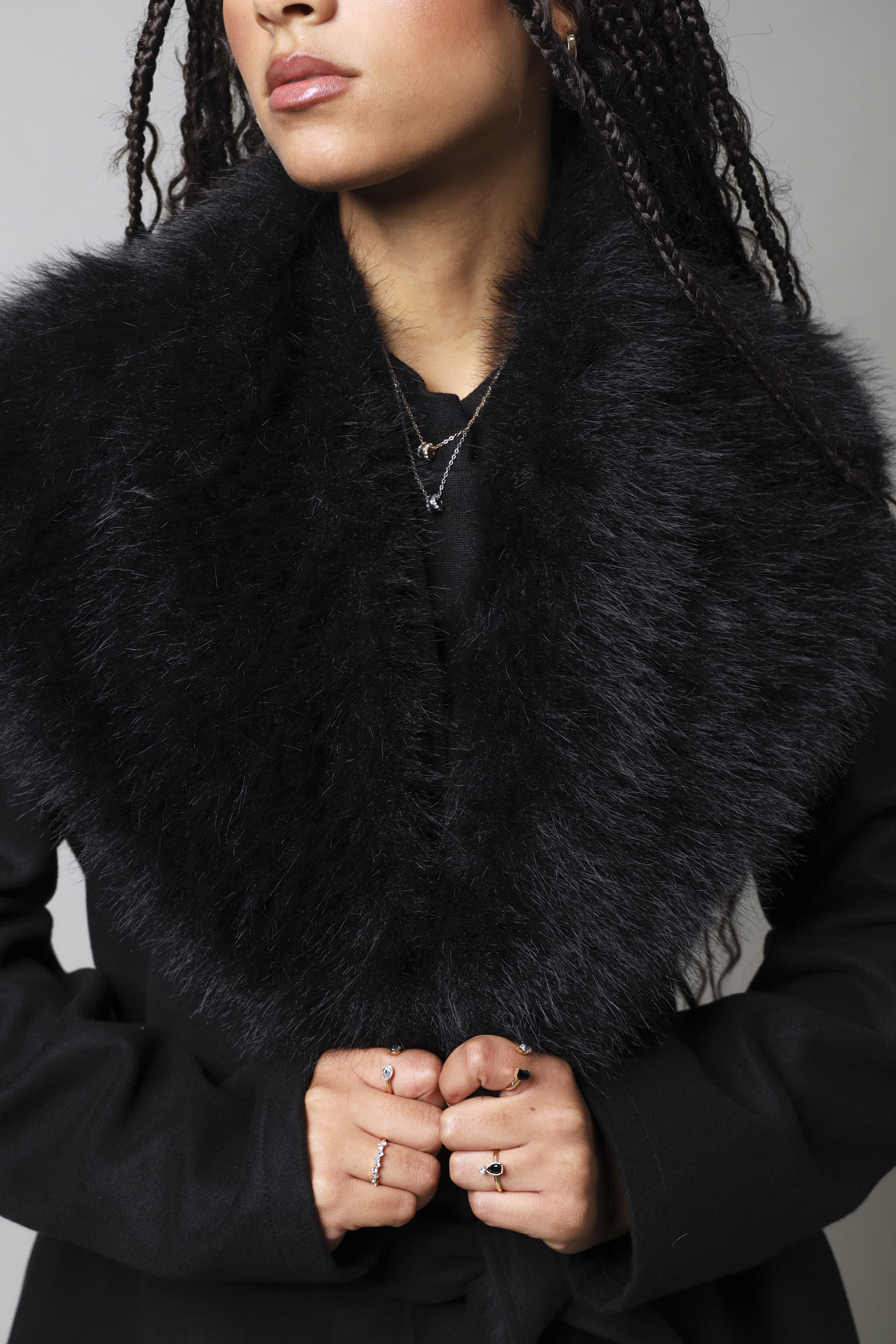 Long Sleeve Fur Collar Belted Melton Coat - Black - Image 5