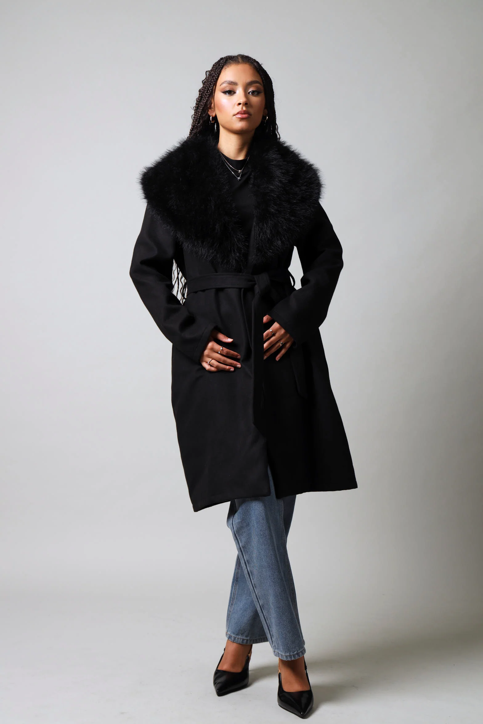 Long Sleeve Fur Collar Belted Melton Coat - Black - Image 7