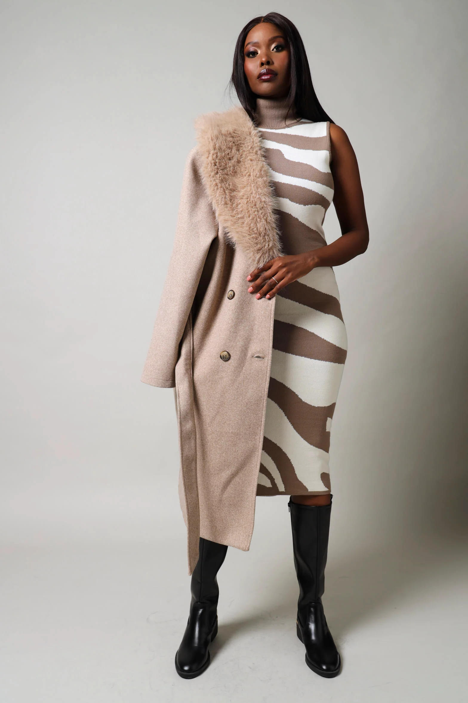Long Sleeve Fur Melton Coat - Brown - Image 2