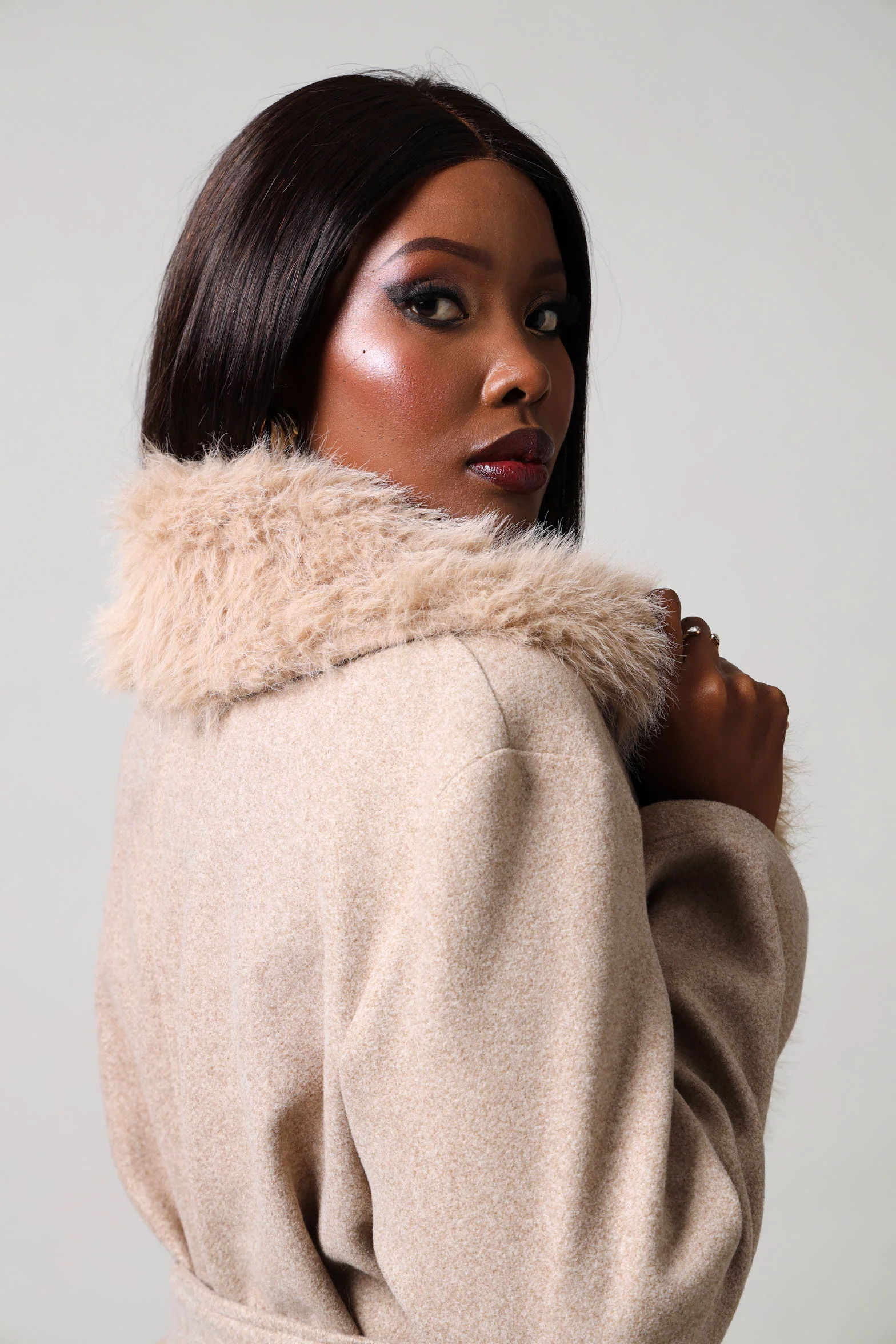 Long Sleeve Fur Melton Coat - Brown - Image 3