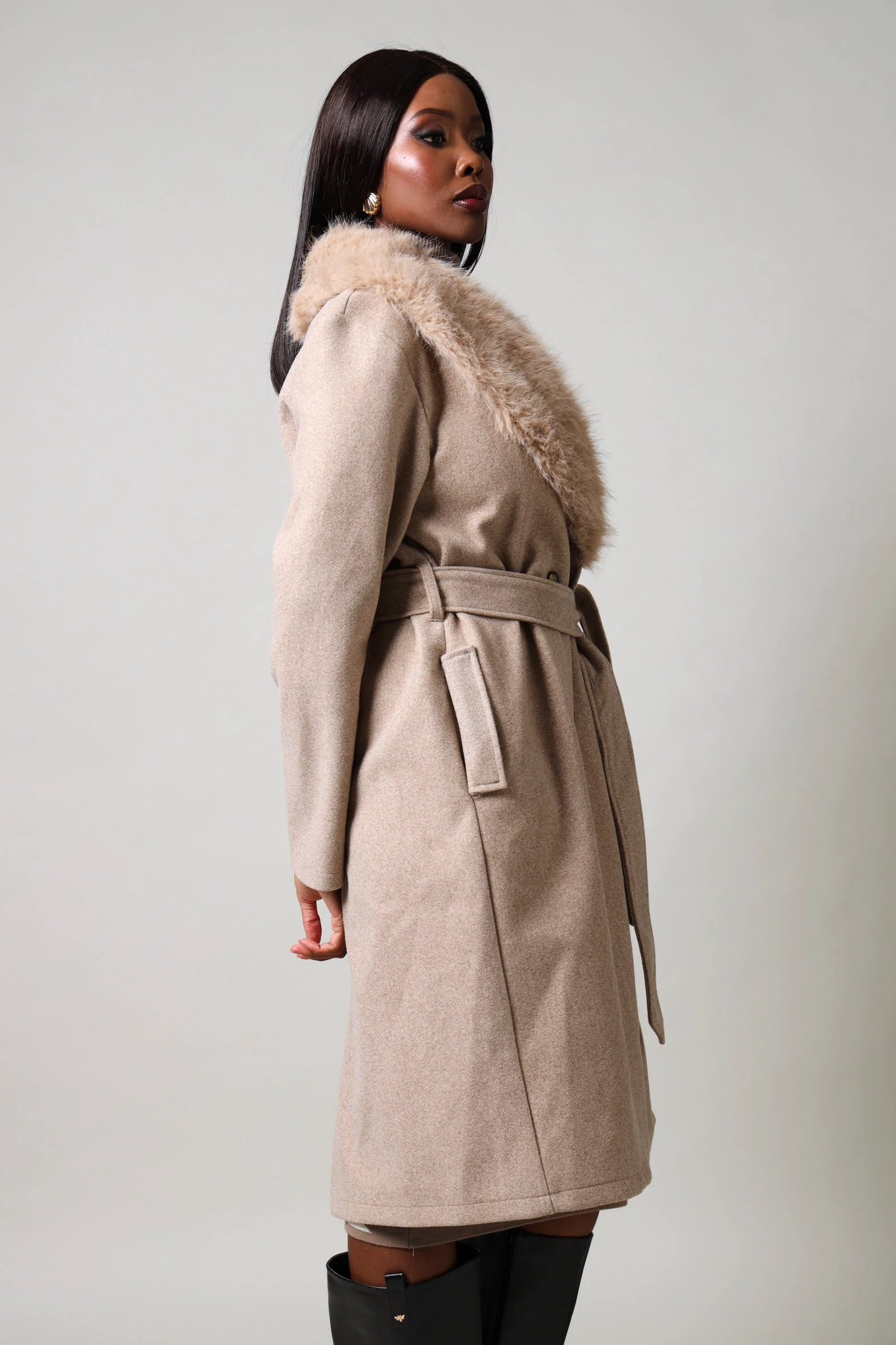 Long Sleeve Fur Melton Coat - Brown - Image 4