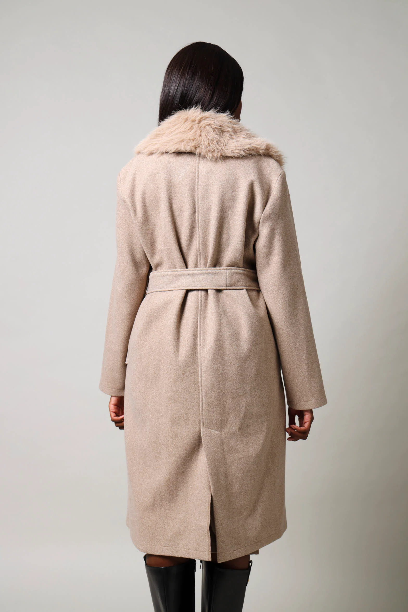 Long Sleeve Fur Melton Coat - Brown - Image 6