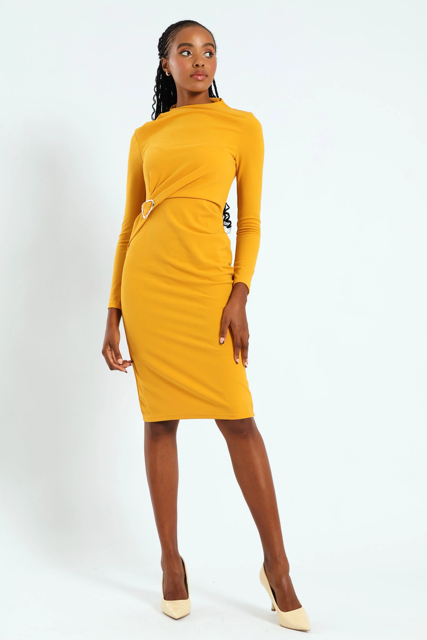 Long Sleeve Gauged Buckle Detail Dress - Mustard