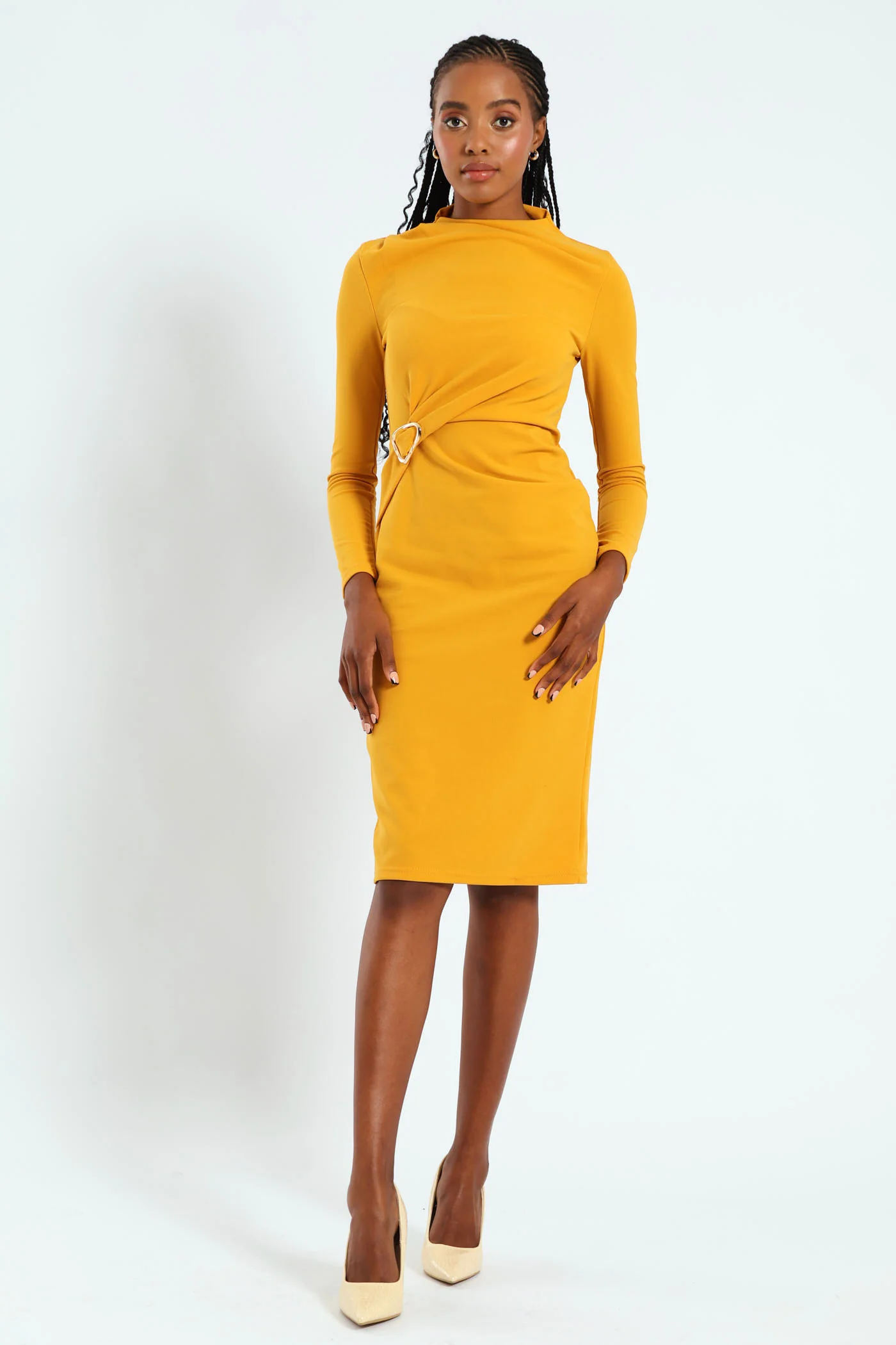 Long Sleeve Gauged Buckle Detail Dress - Mustard - Image 4