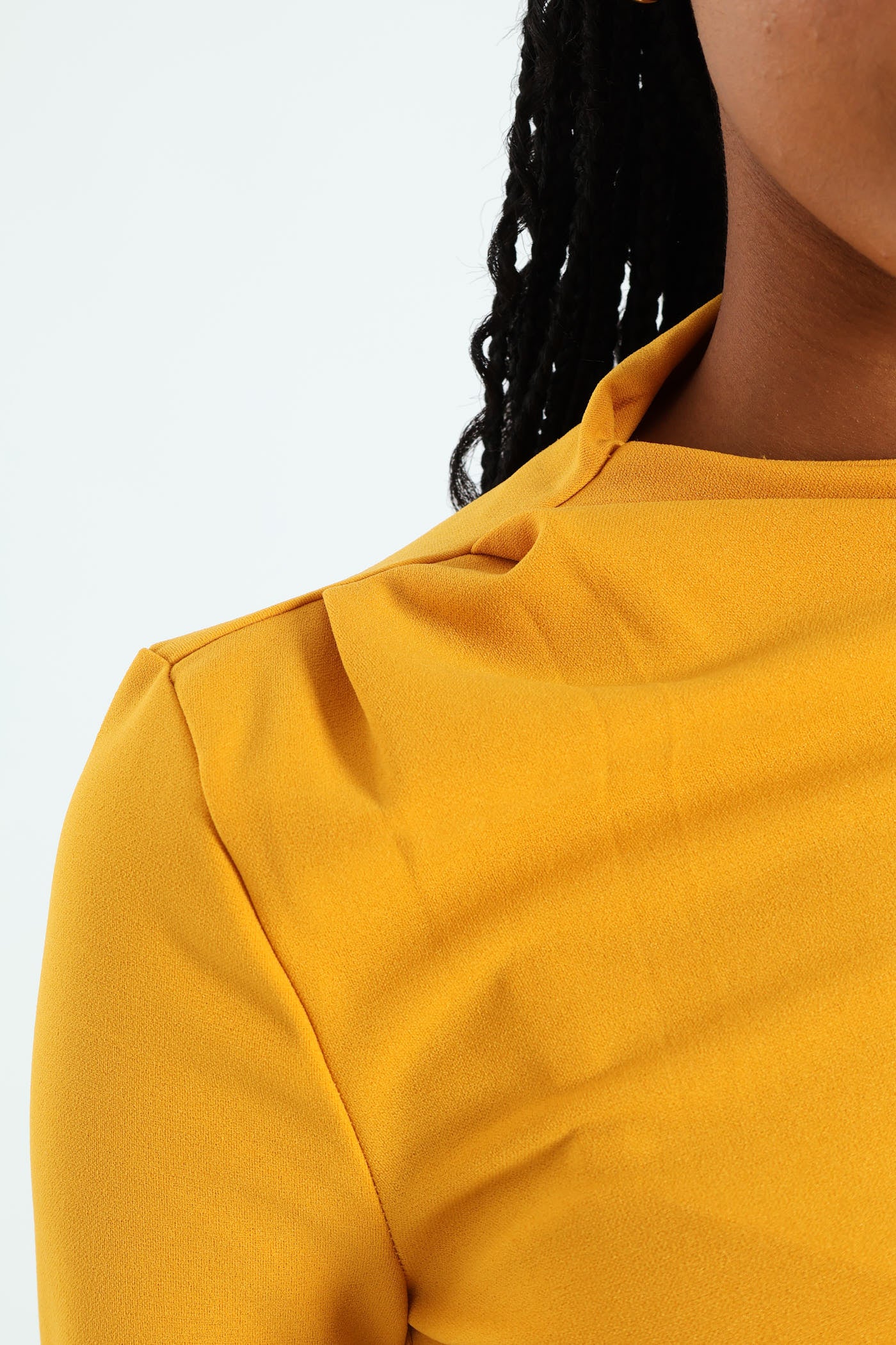 Long Sleeve Gauged Buckle Detail Dress - Mustard - Image 5