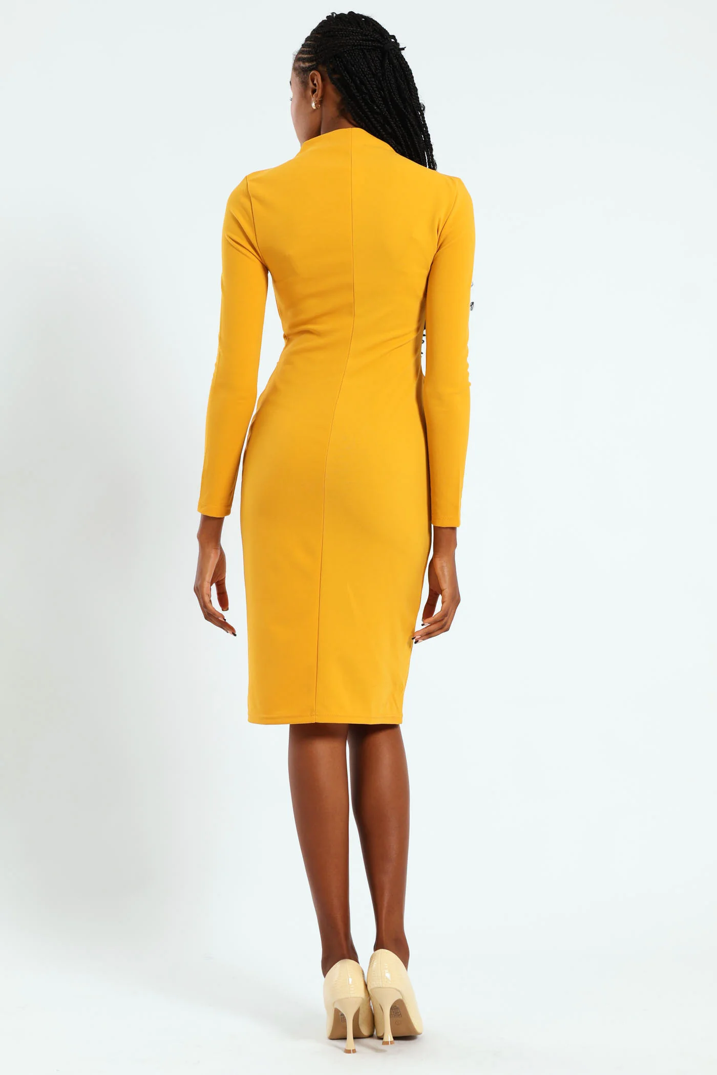 Long Sleeve Gauged Buckle Detail Dress - Mustard - Image 7