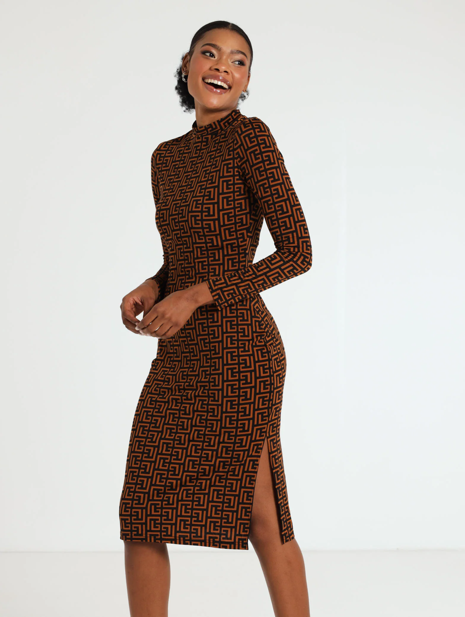 Long Sleeve Geometric Print Dress Side Slit