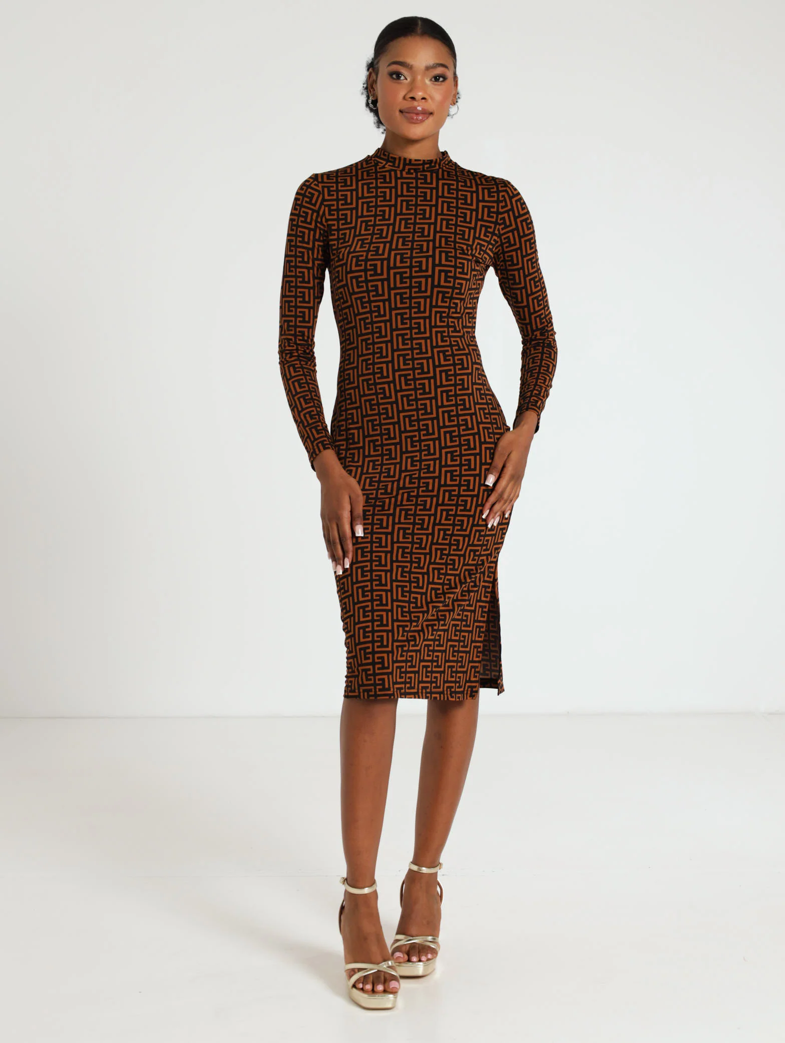 Long Sleeve Geometric Print Dress Side Slit - Image 2