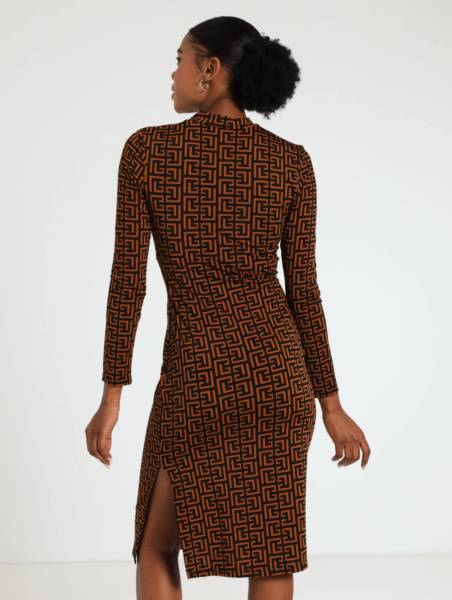 Long Sleeve Geometric Print Dress Side Slit - Image 3