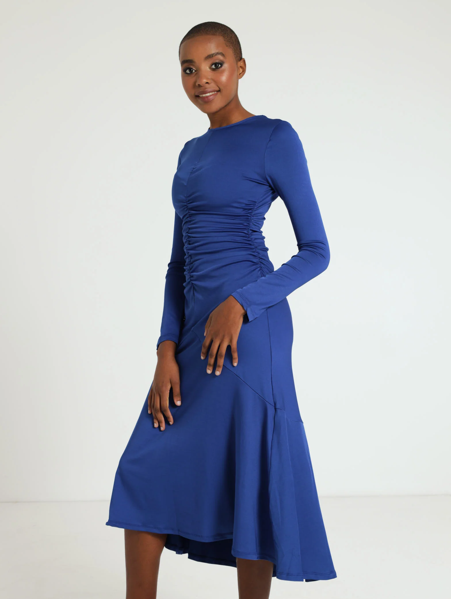 Long Sleeve Guaged Front Drop Back Frill Hem Dress - Image 2