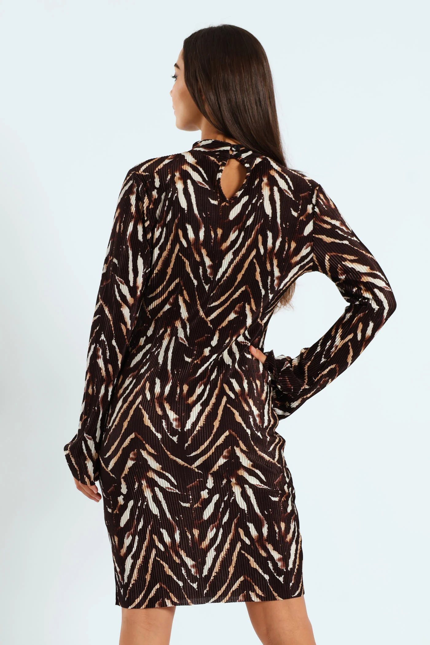 Long Sleeve Hi Neck Flare Sleeve Bodre Mini Dress - Animal - Image 4