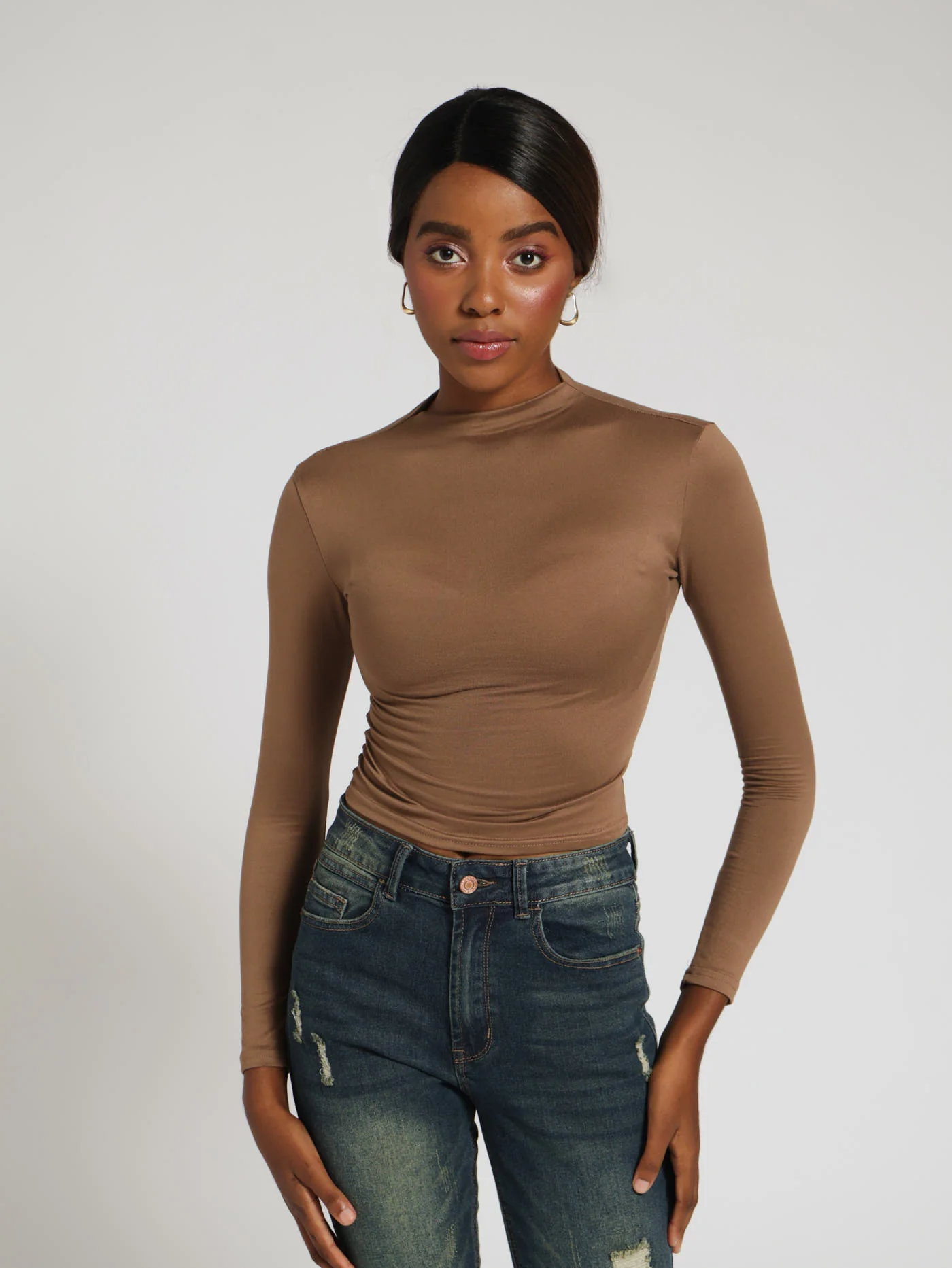 Long Sleeve High Neck Side Ruched Top - Brown - Image 2