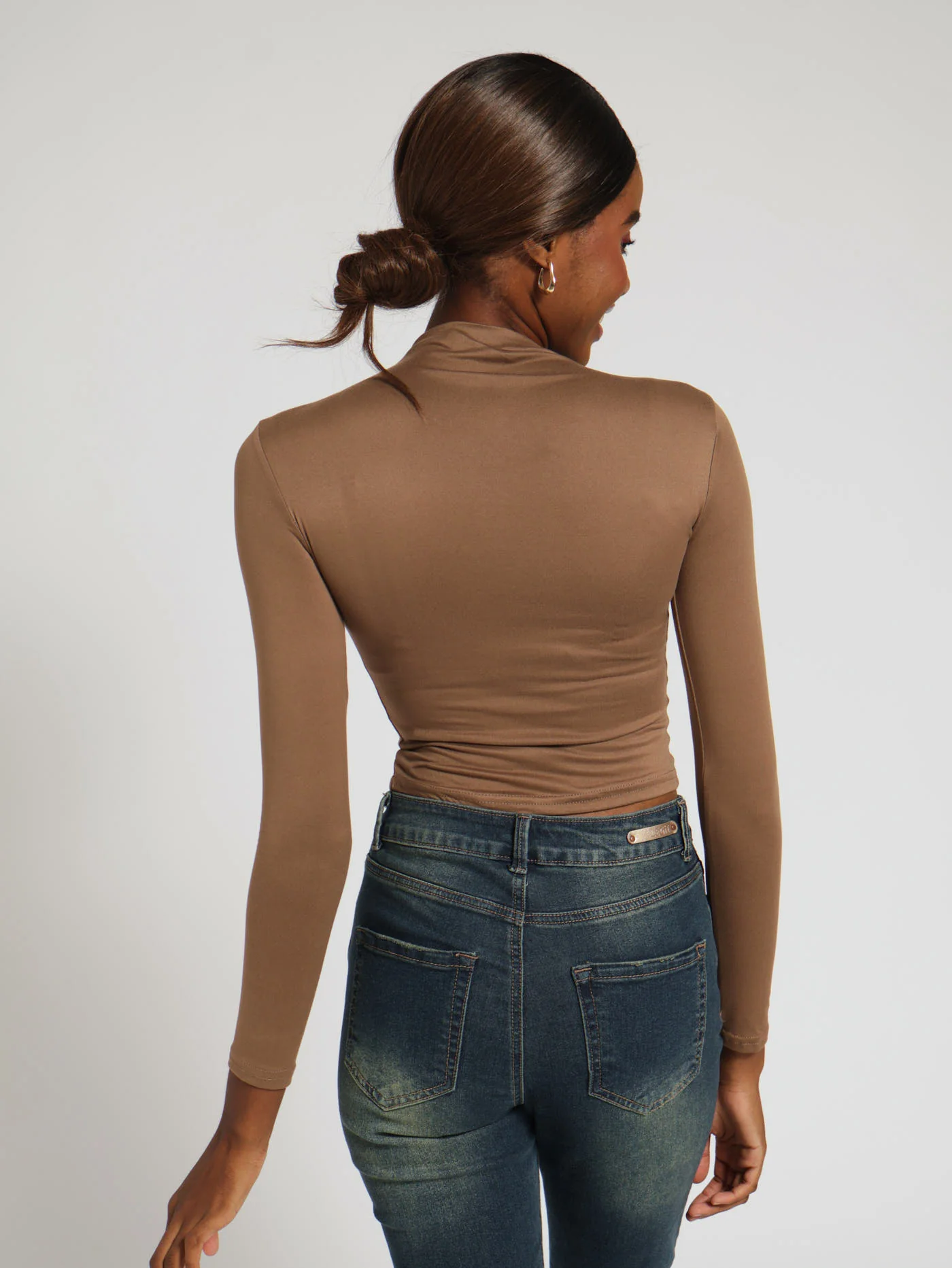 Long Sleeve High Neck Side Ruched Top - Brown - Image 3