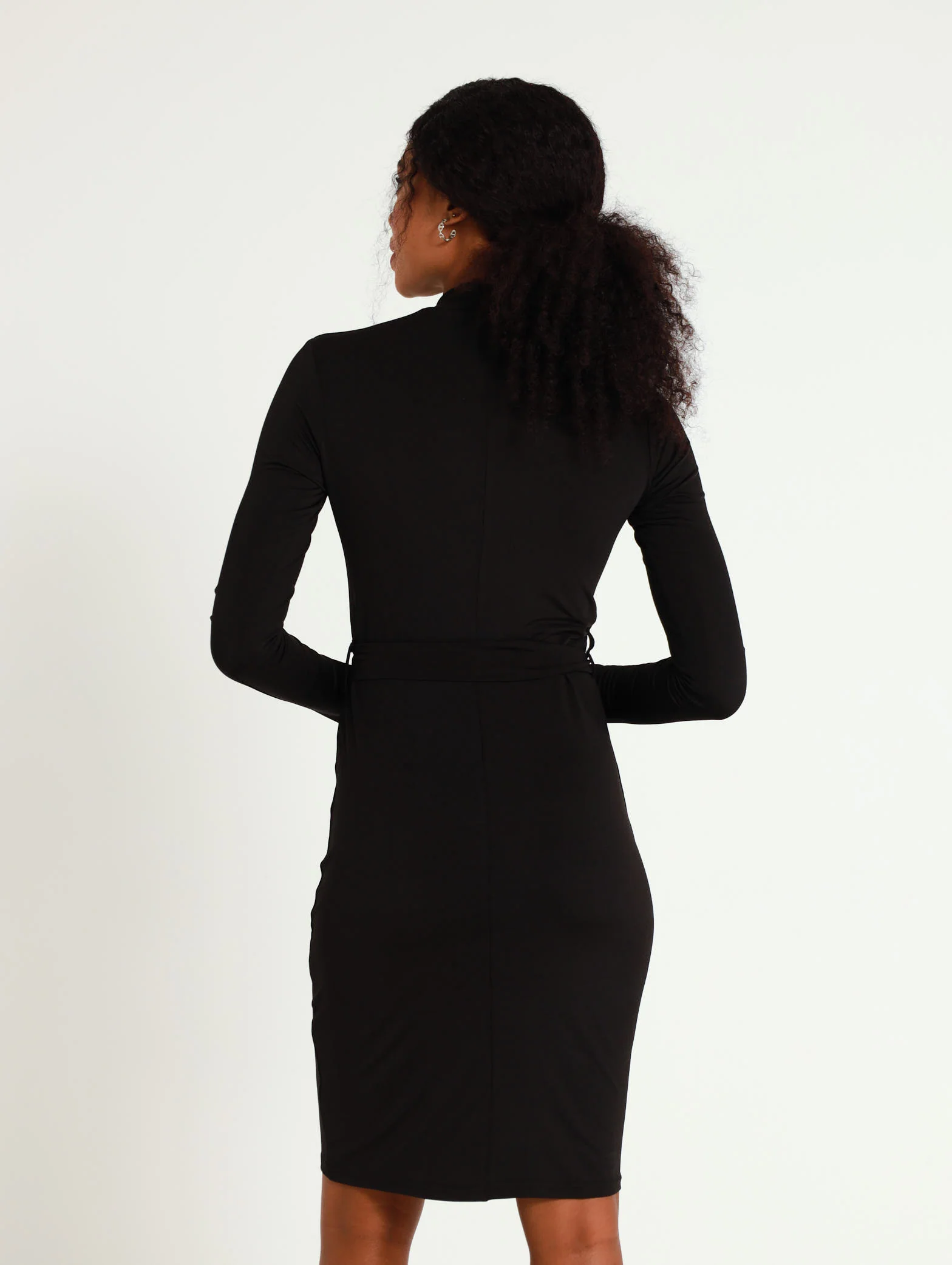 Long Sleeve High Neck Waist Tie Dress - Image 3