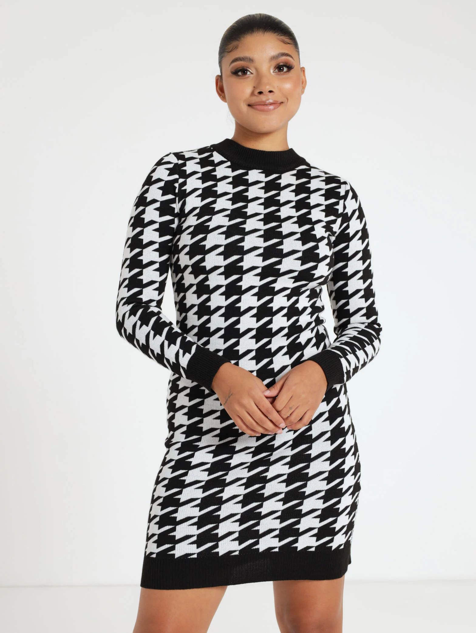 Long Sleeve Houndstooth Dress