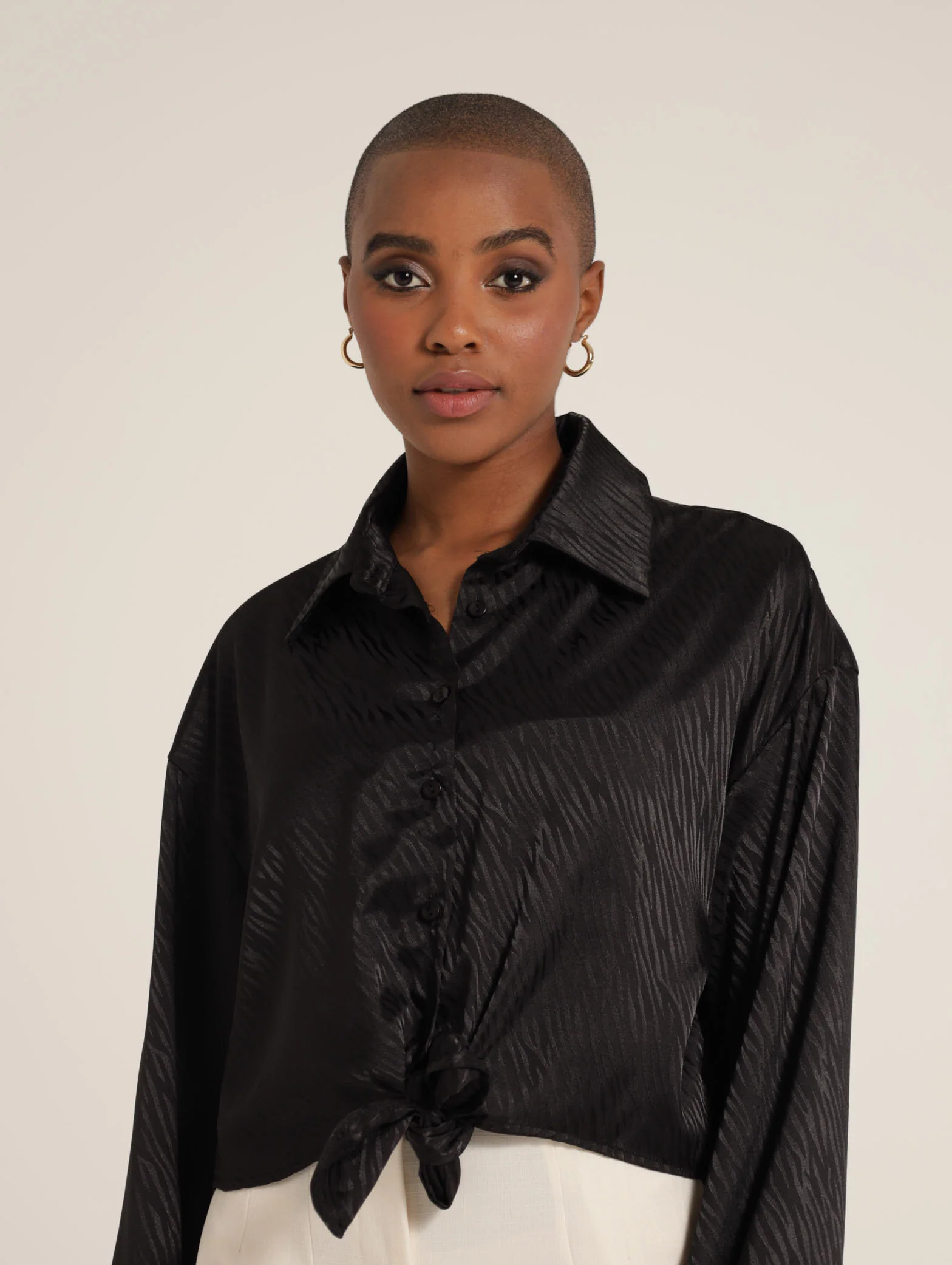 Long Sleeve Jacquard Tie Blouse - Image 2