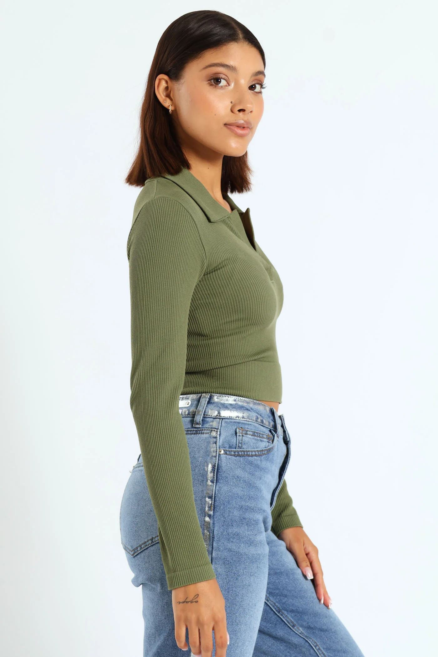 Long Sleeve Johnny Collar Rib Seamless Top - Fatigue - Image 2