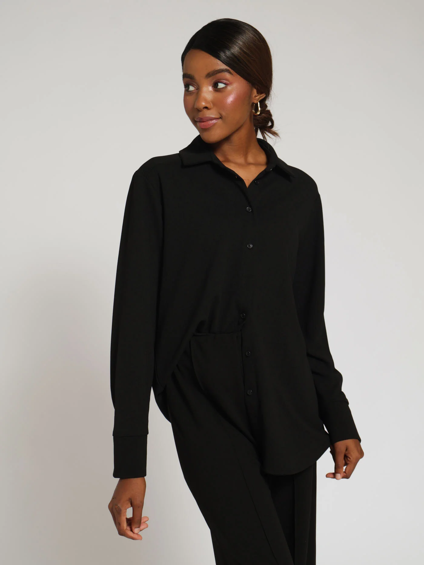 Long Sleeve Knit Button Through Shirt - Black