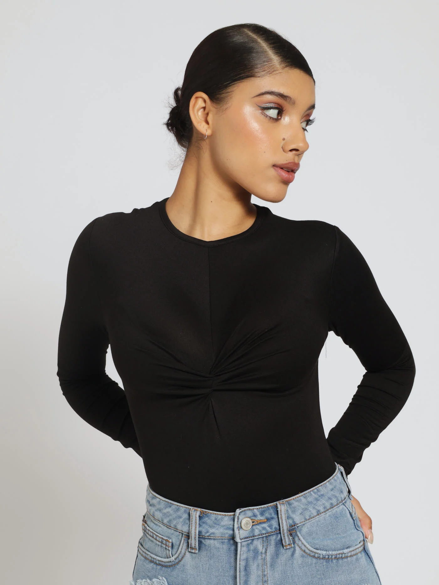 Long Sleeve Knot Front Ditsy Bodysuit - Black