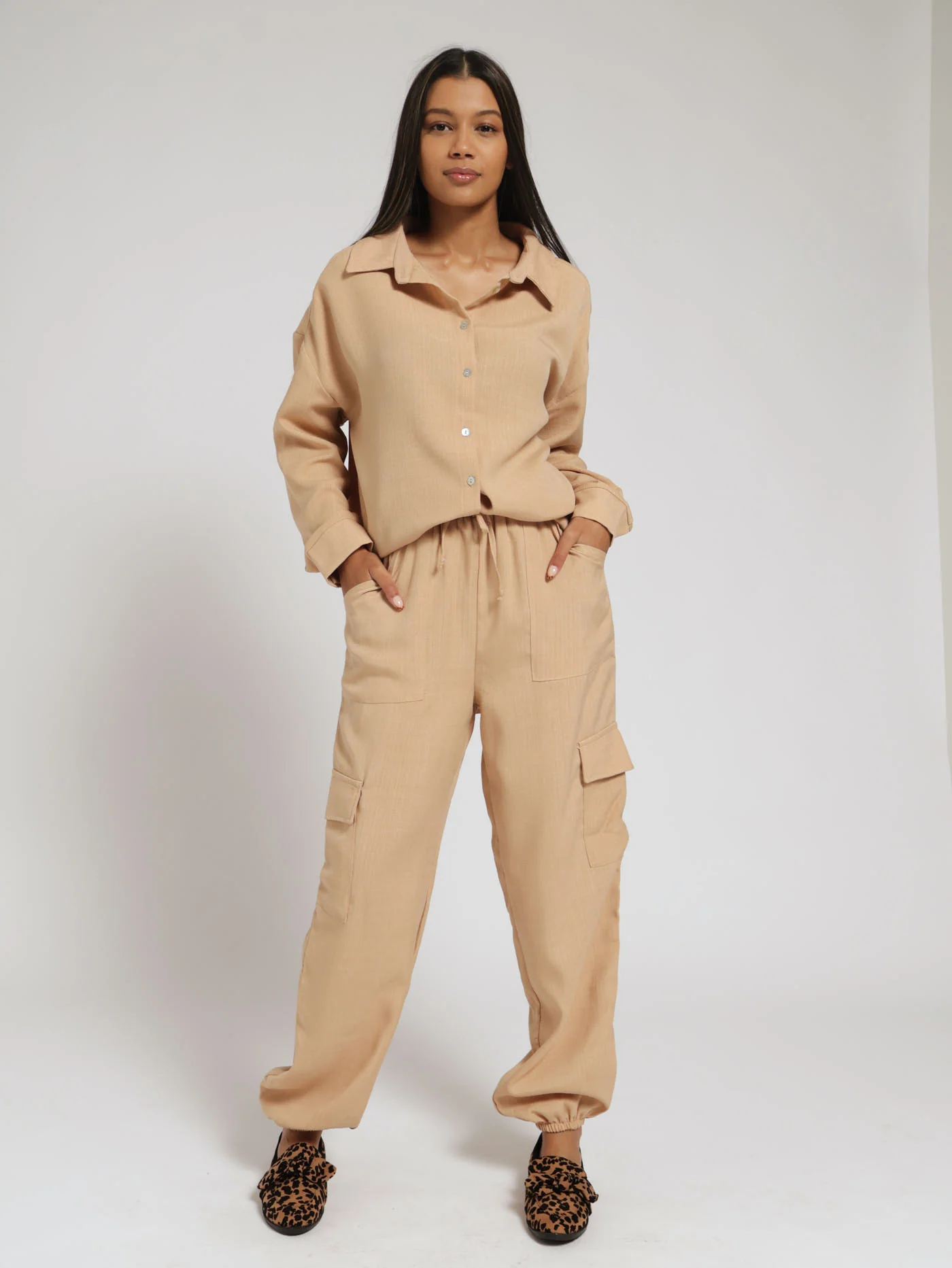 Long Sleeve Linen Look Shirt - Stone - Image 5