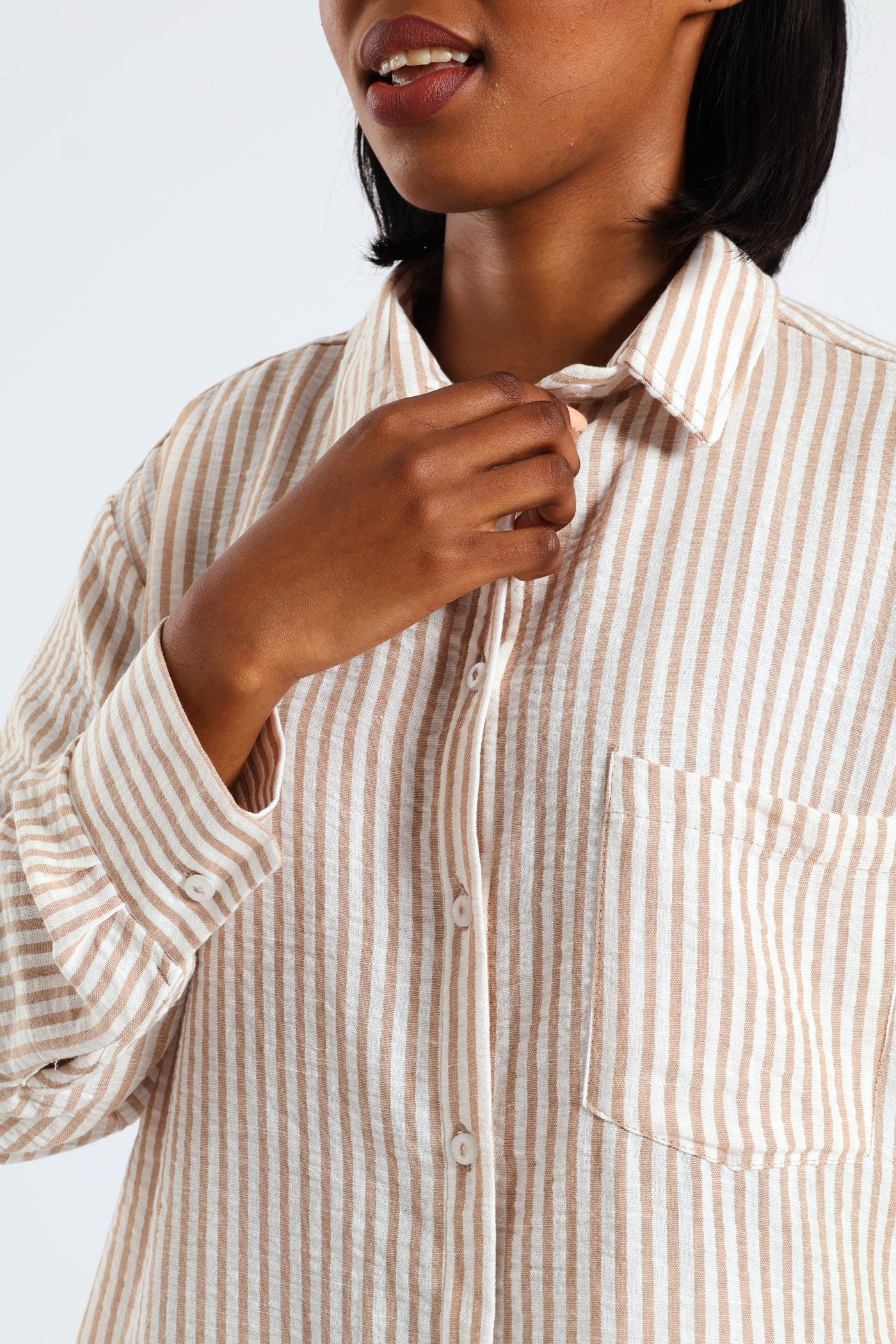 Long Sleeve Longer Length Linen Like Stripe Shirt - Stone/White - Image 4