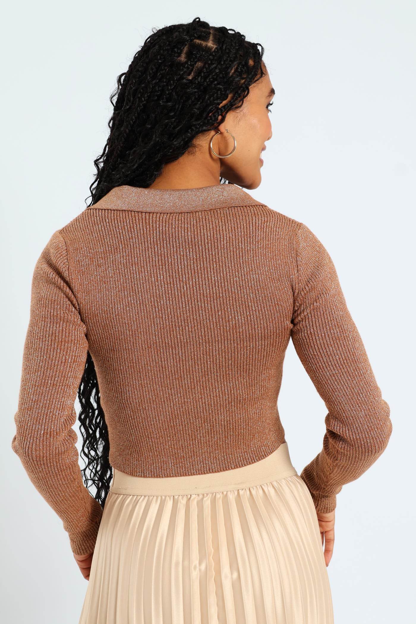 Long Sleeve Lurex Knitwear Top - Tan - Image 3