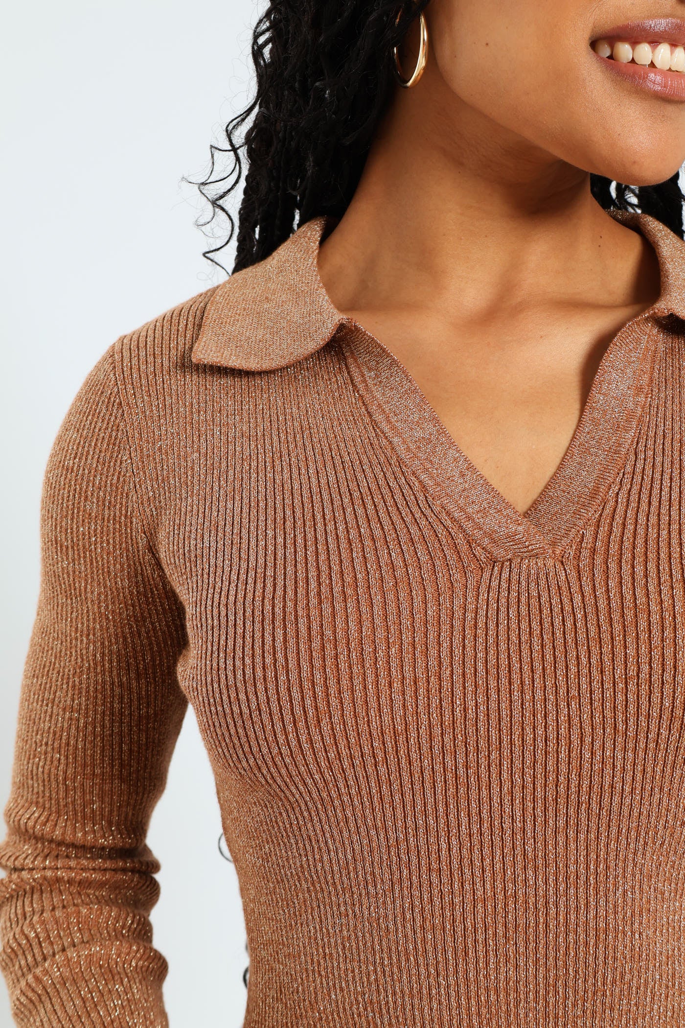 Long Sleeve Lurex Knitwear Top - Tan - Image 4