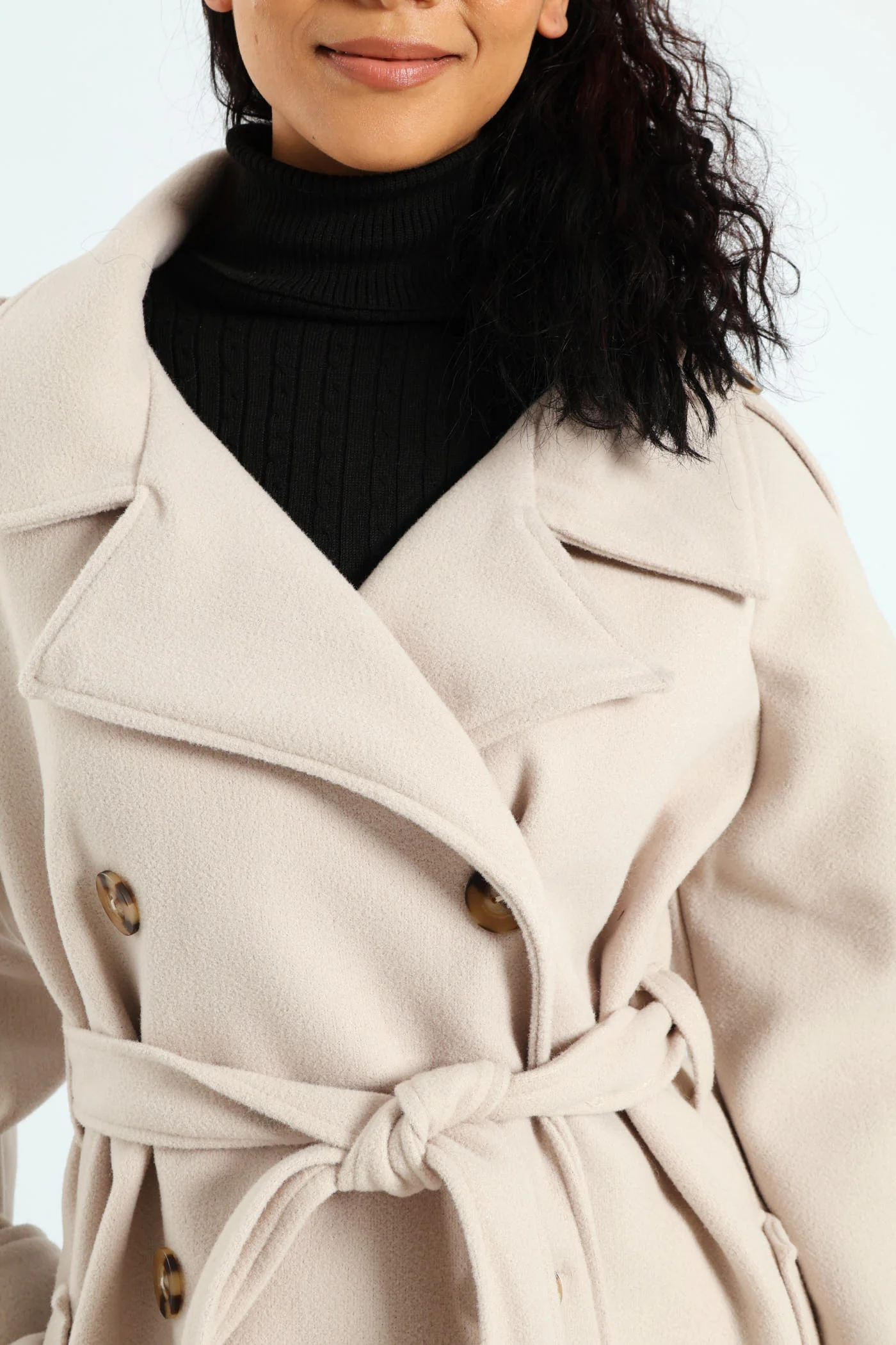 Long Sleeve Melton Trench Coat - Cream - Image 2