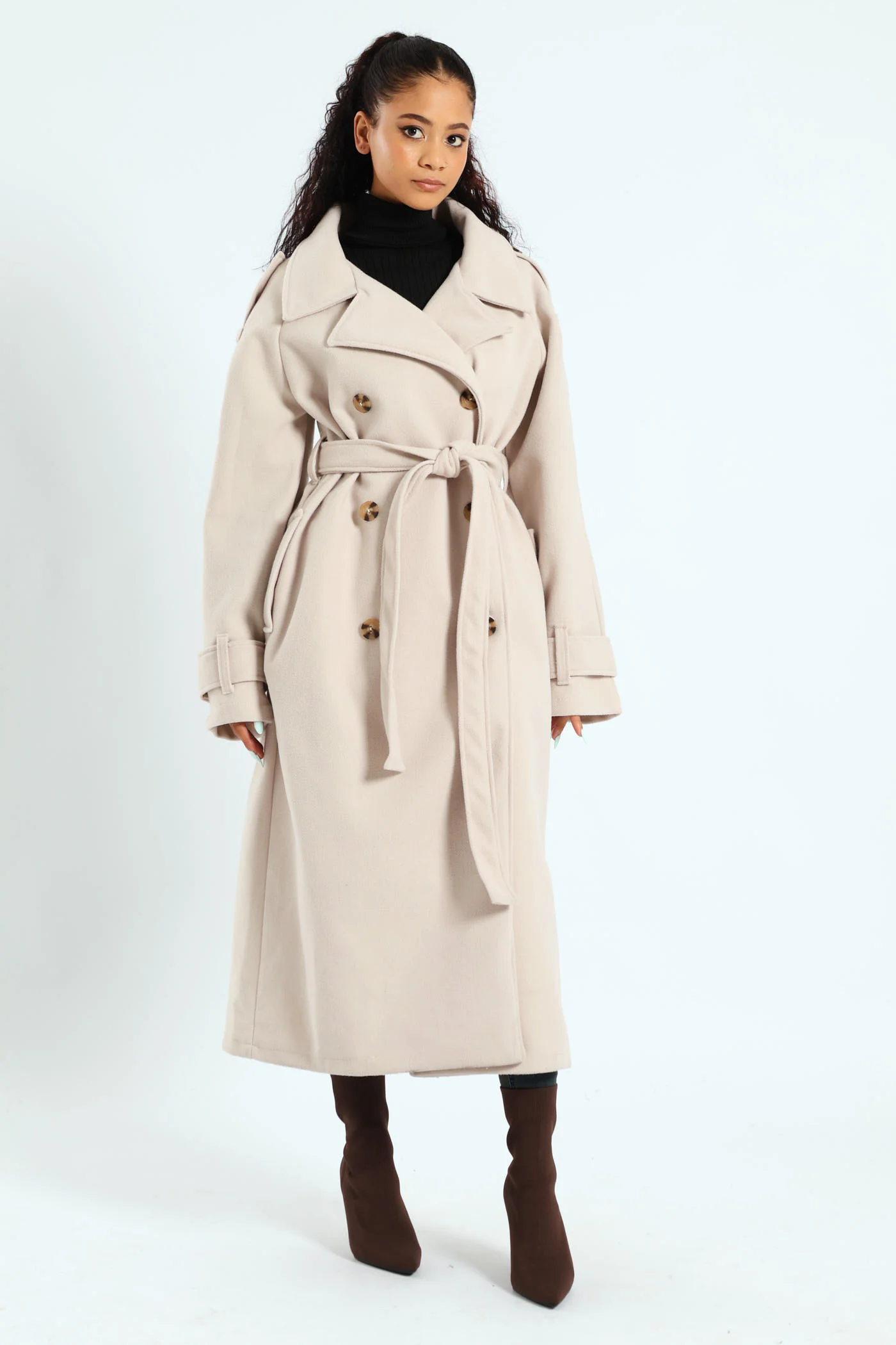 Long Sleeve Melton Trench Coat - Cream - Image 7