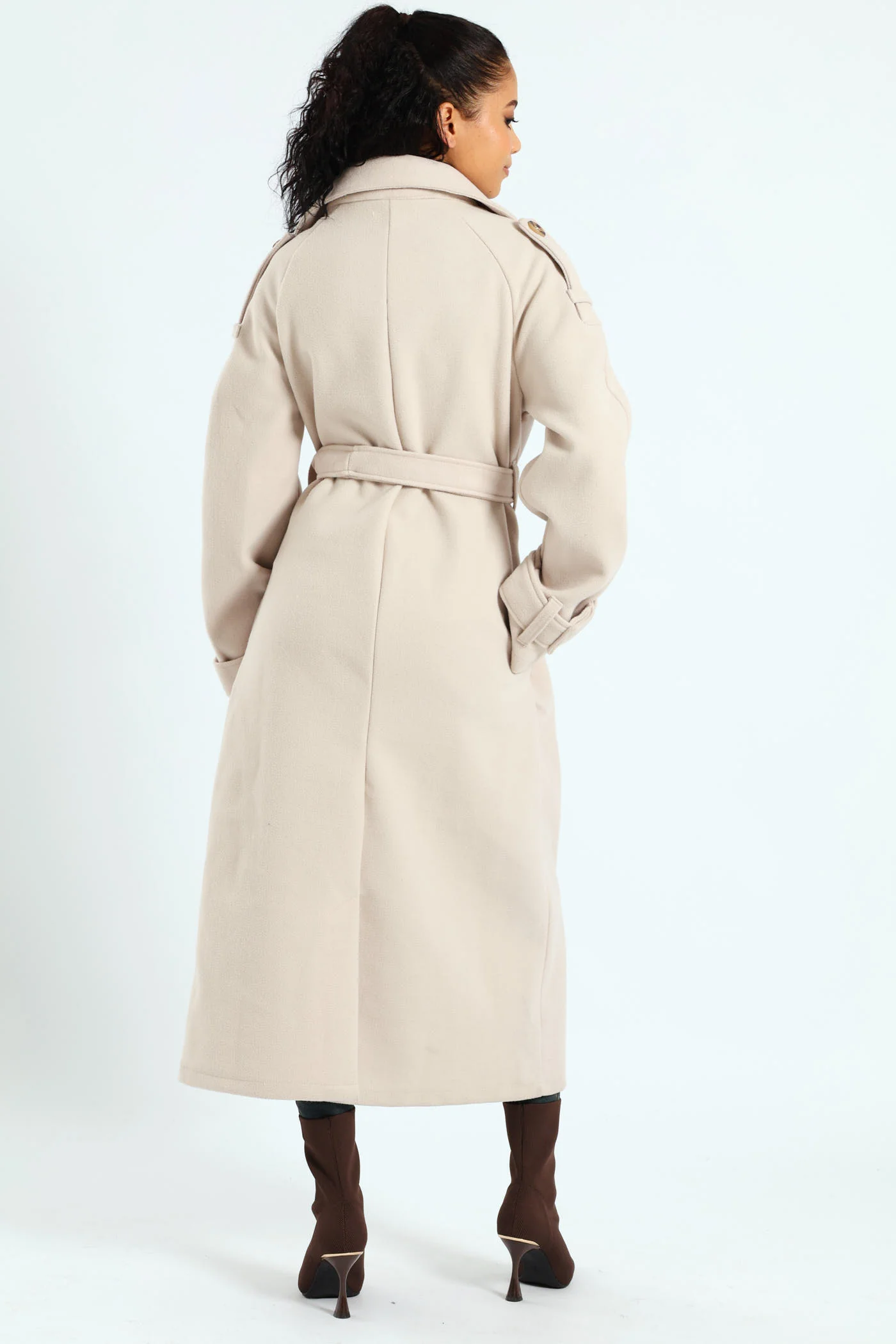 Long Sleeve Melton Trench Coat - Cream - Image 8