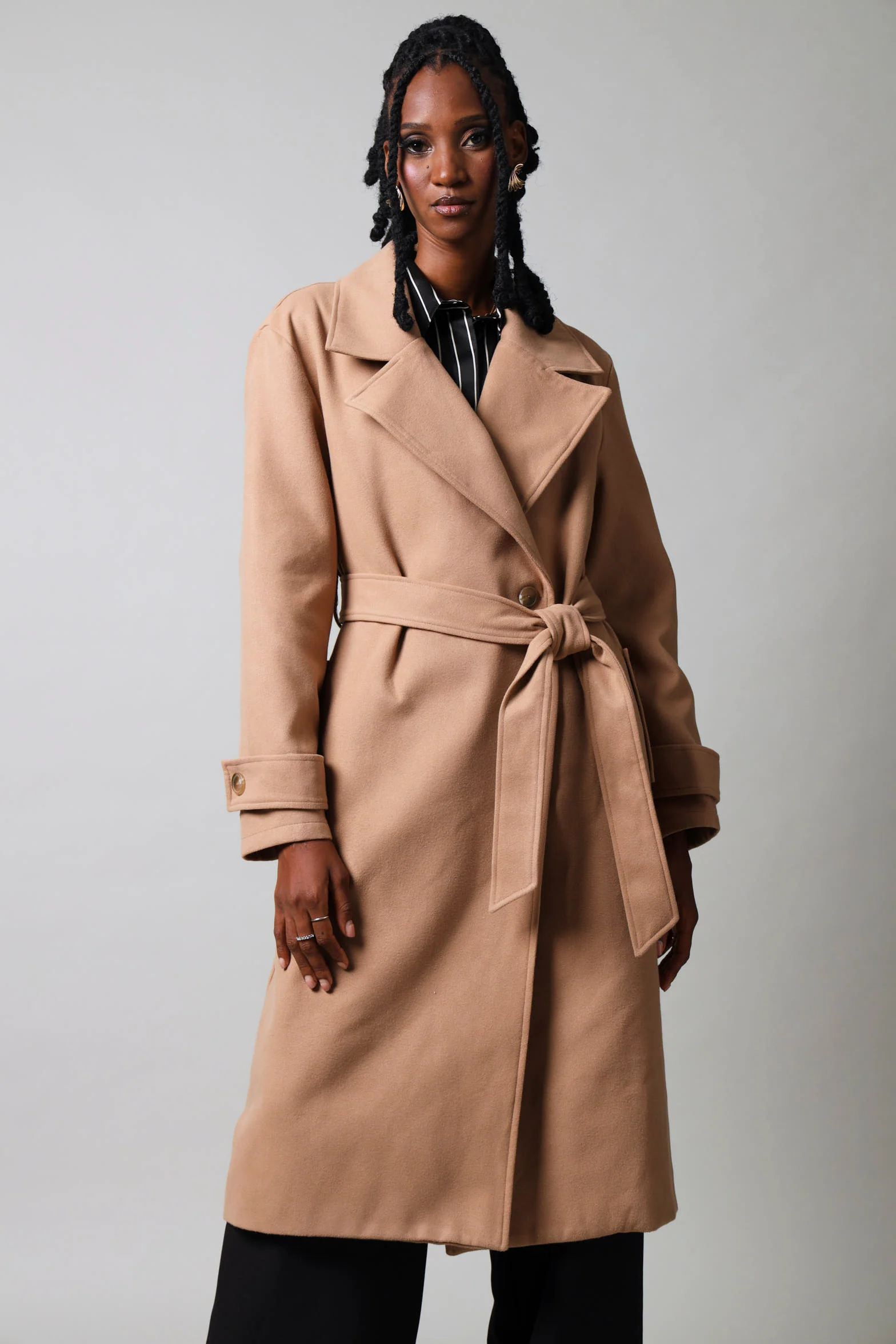 Long Sleeve Melton Trench Coat - Tan