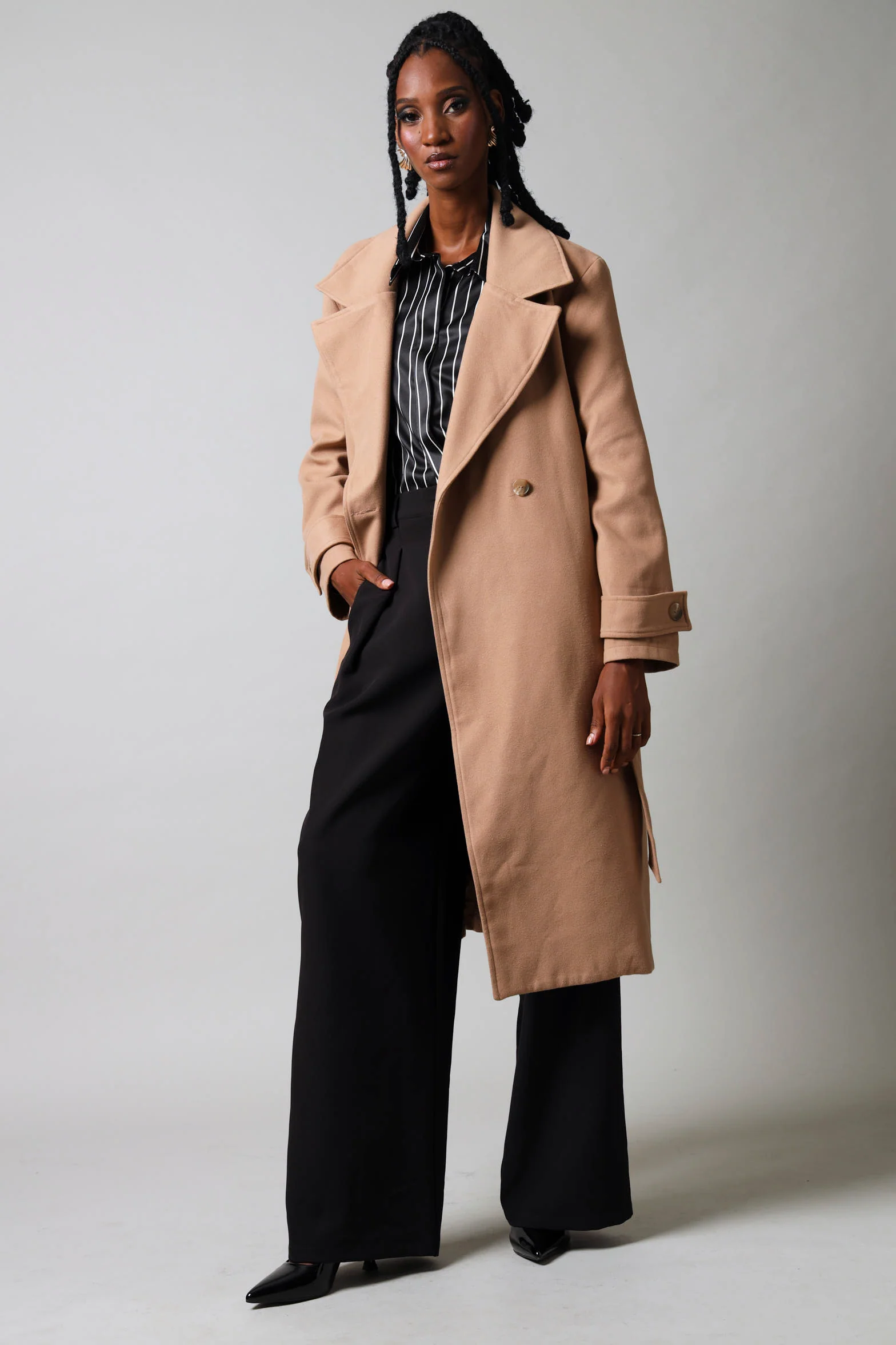 Long Sleeve Melton Trench Coat - Tan - Image 2