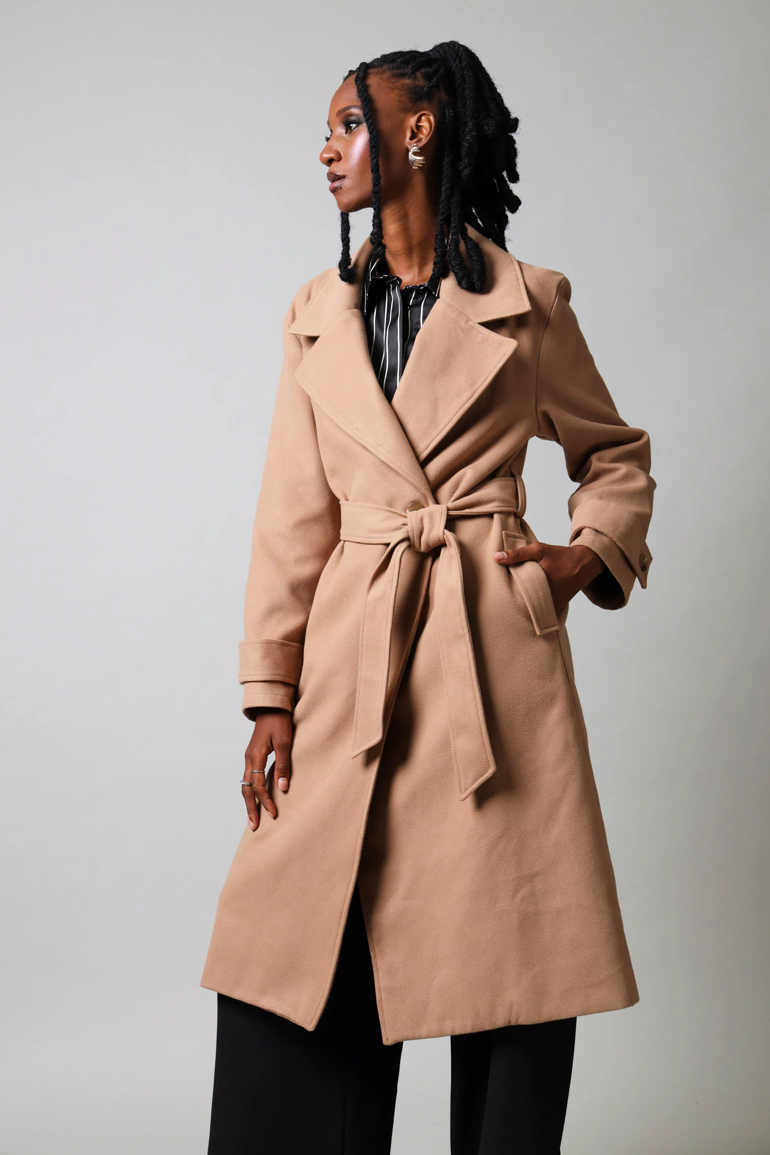 Long Sleeve Melton Trench Coat - Tan - Image 4