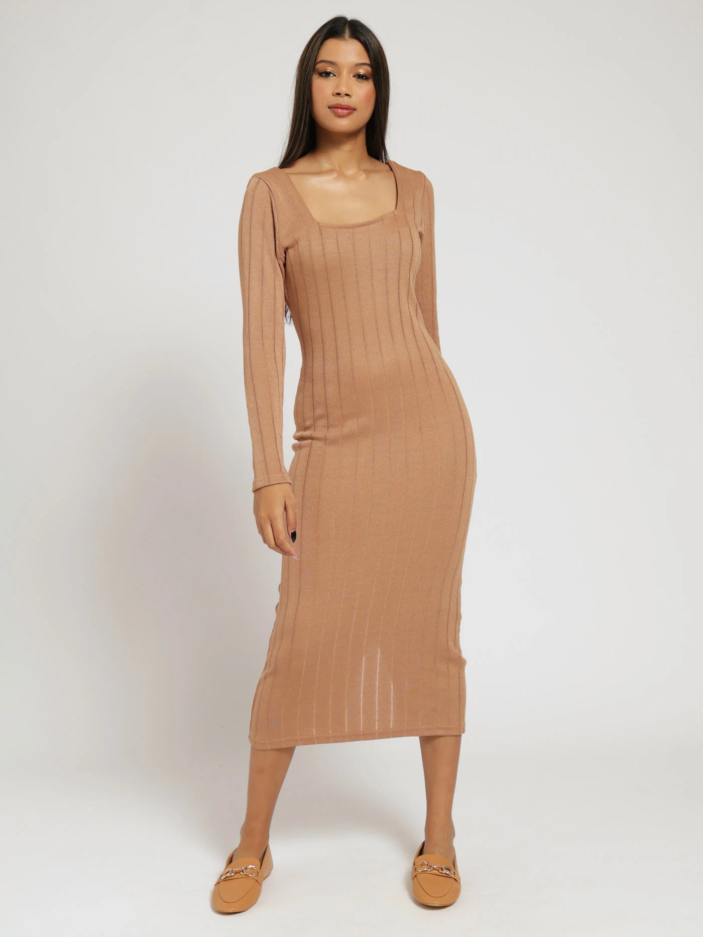 Long Sleeve Metallic Knit Dress - Honey