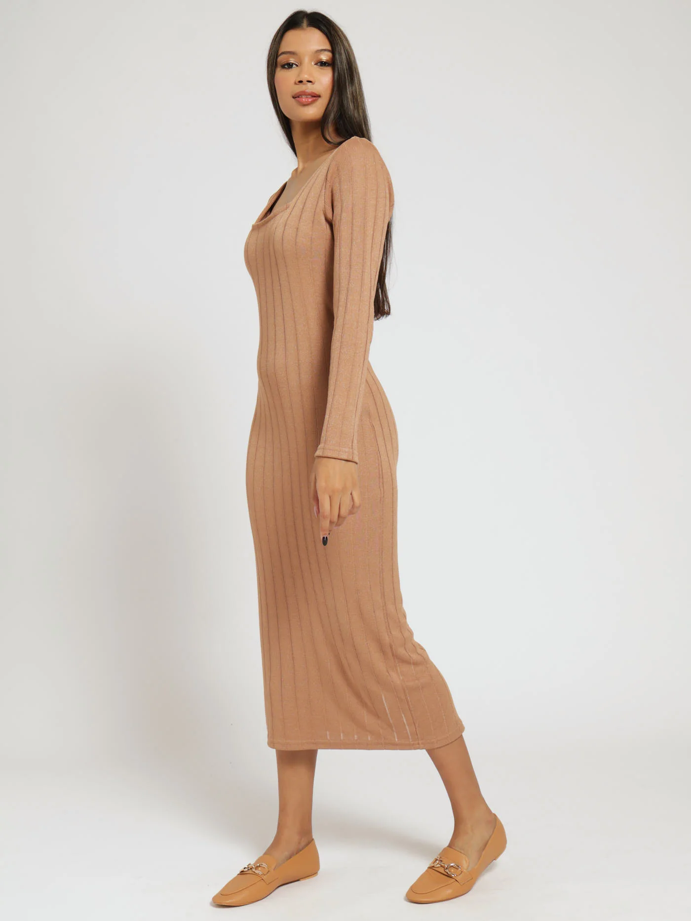 Long Sleeve Metallic Knit Dress - Honey - Image 2