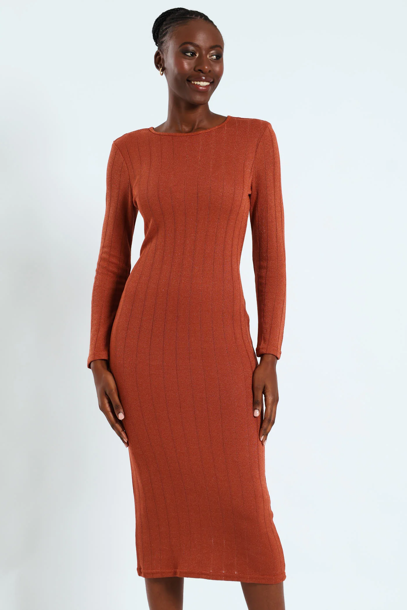 Long Sleeve Metallic Knit Dress - Rust