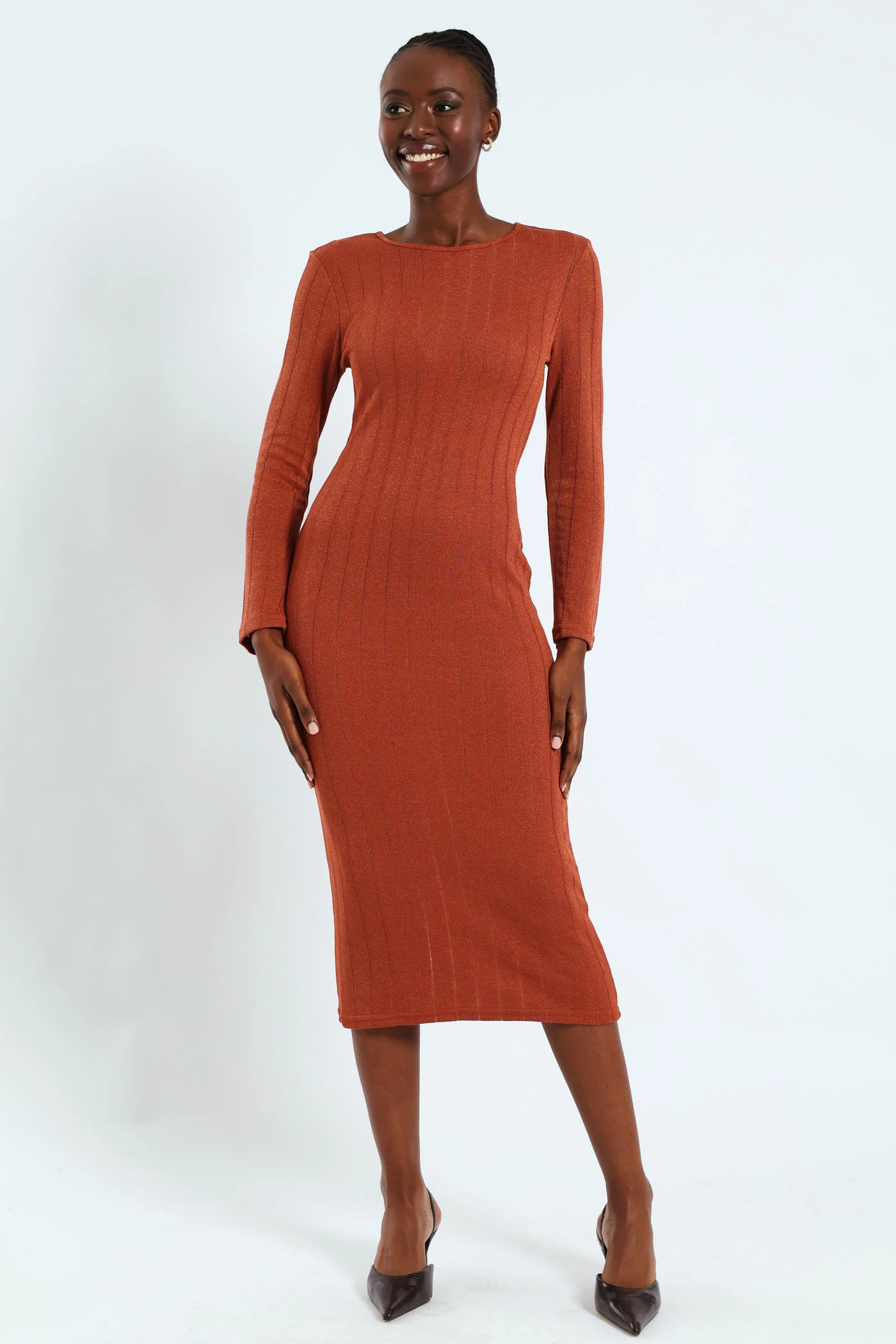 Long Sleeve Metallic Knit Dress - Rust - Image 2