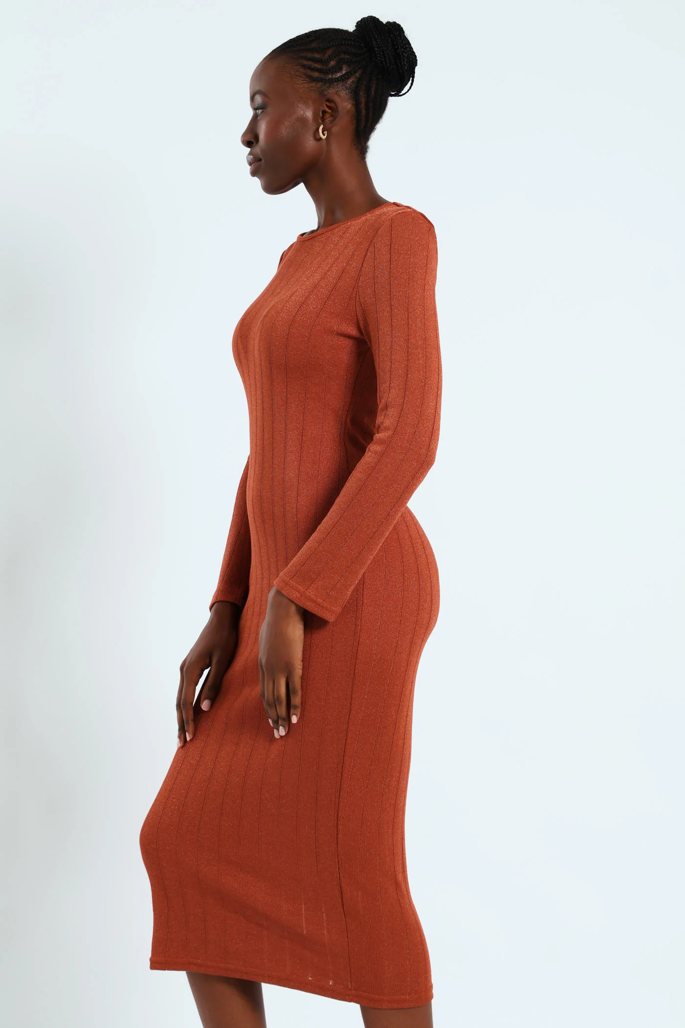 Long Sleeve Metallic Knit Dress - Rust - Image 3