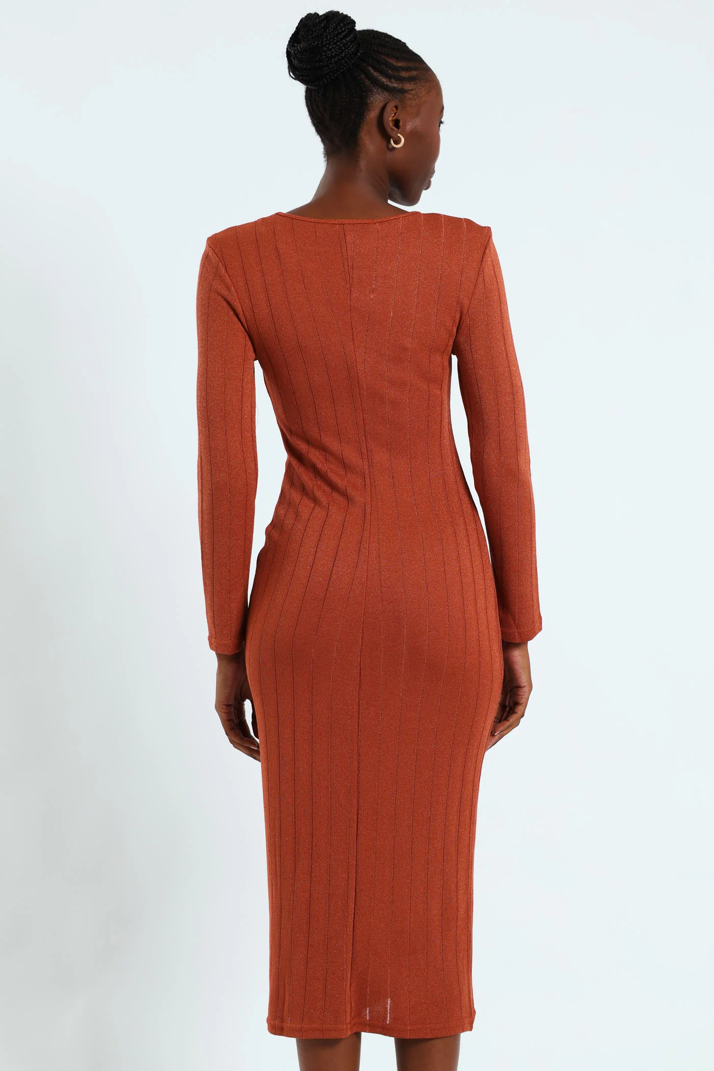 Long Sleeve Metallic Knit Dress - Rust - Image 4