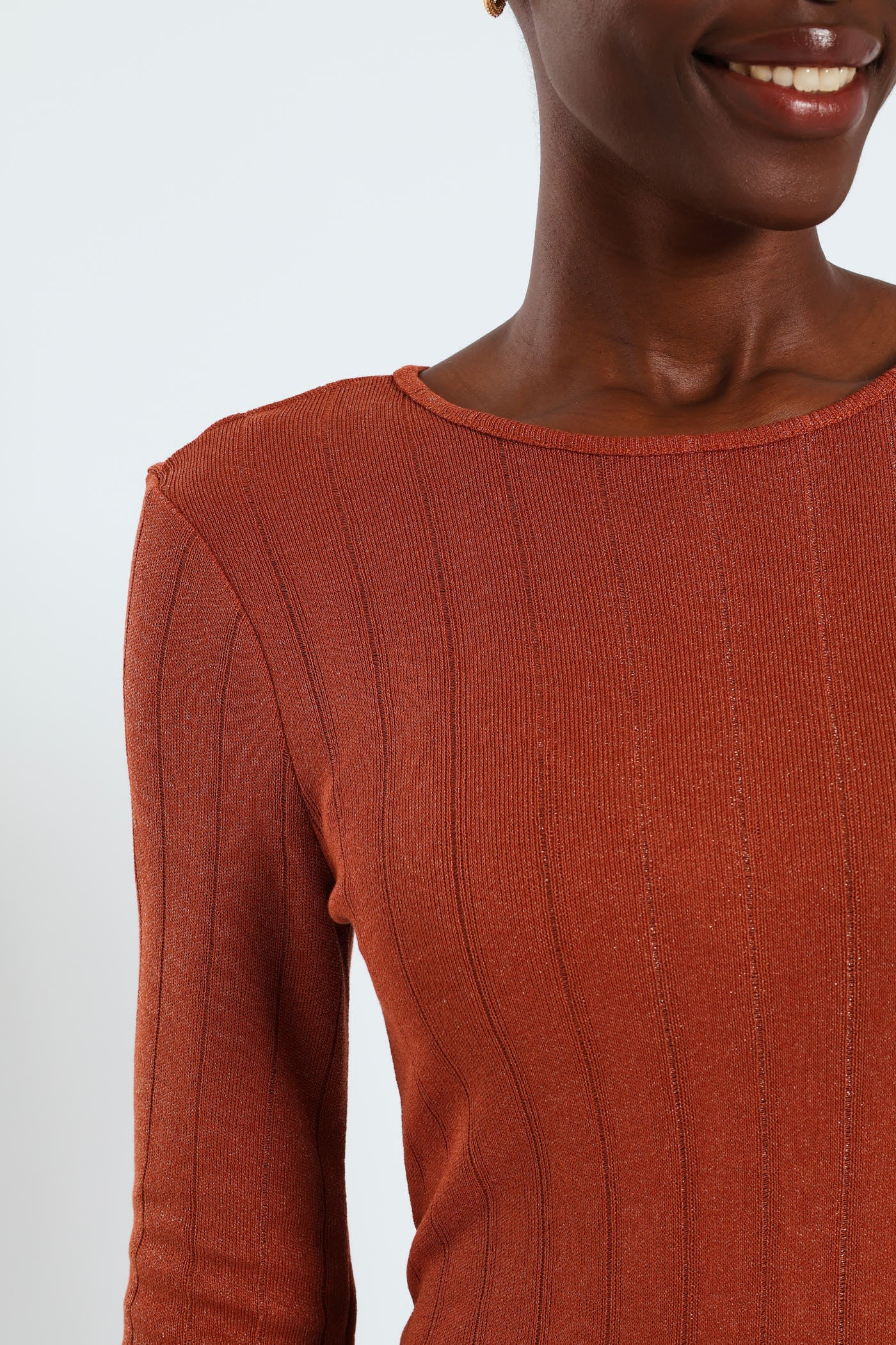Long Sleeve Metallic Knit Dress - Rust - Image 5