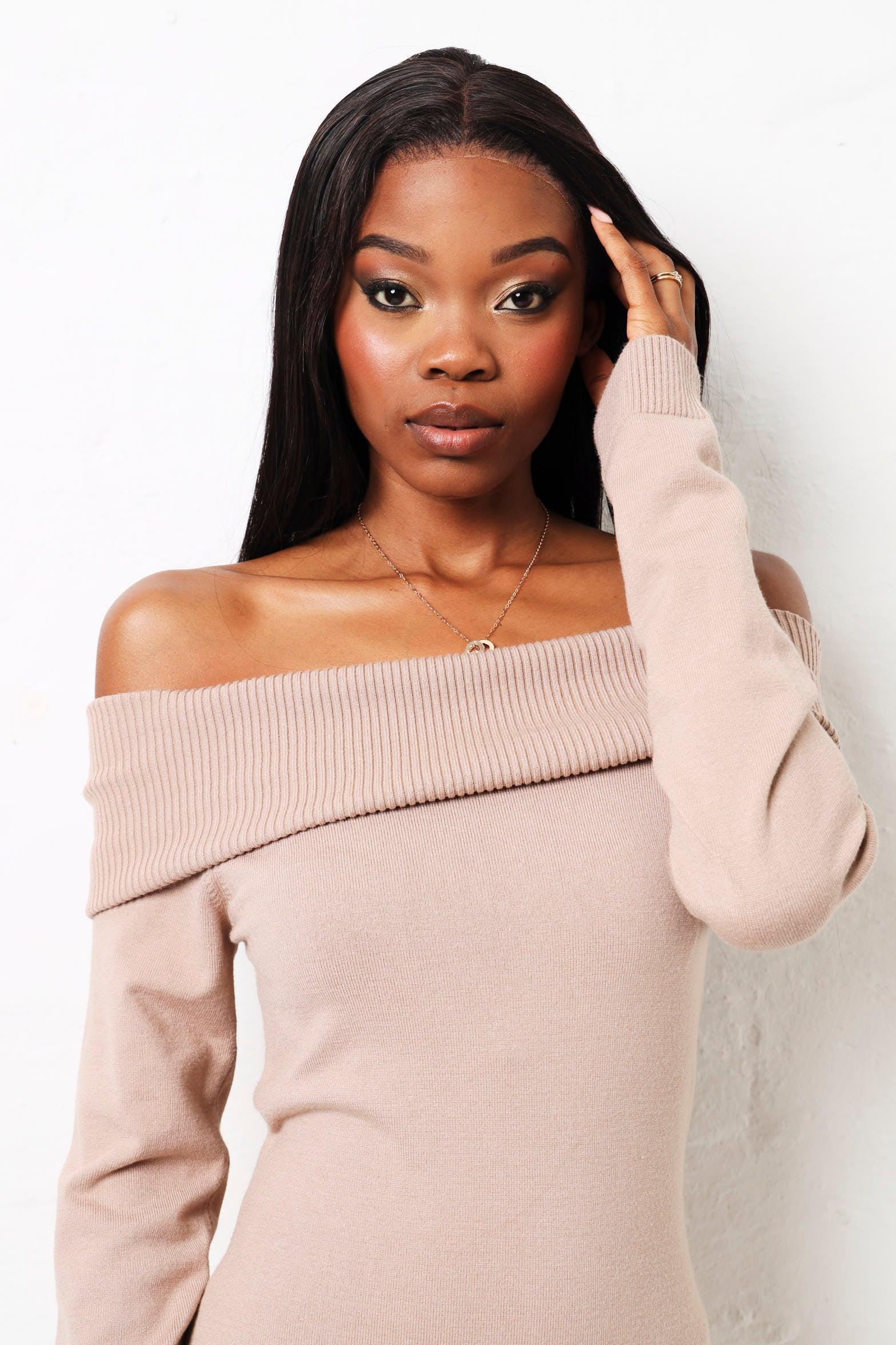 Long Sleeve Off The Shoulder Knitwear Dress - Nude - Image 5