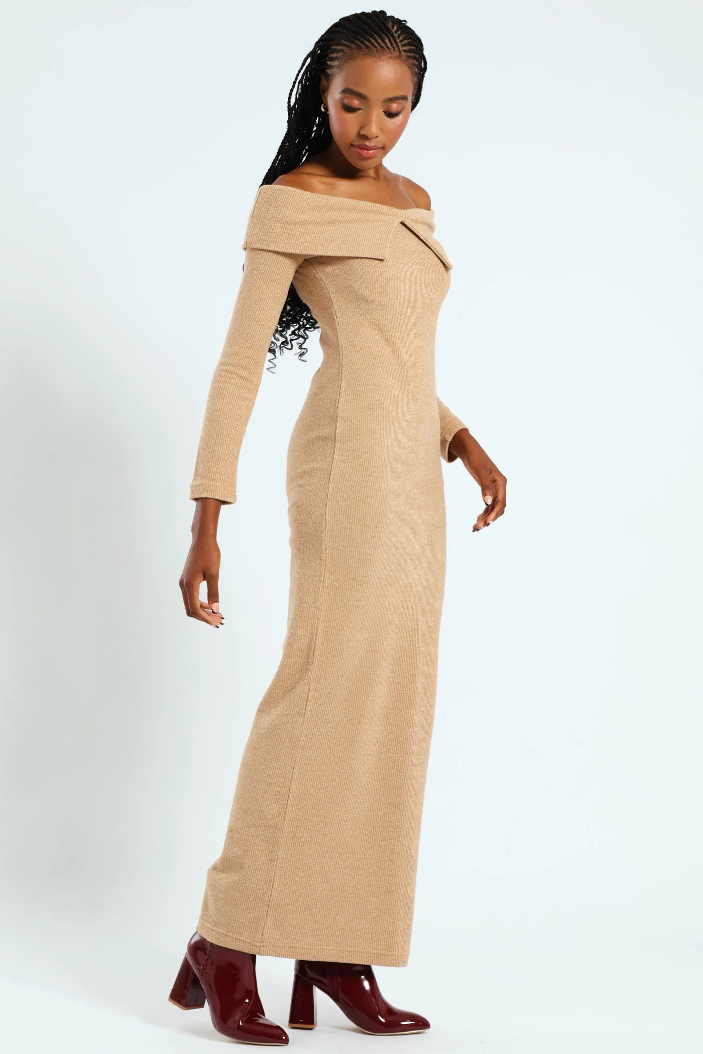 Long Sleeve Off The Soulder Cut And Sew Dress - Beige - Image 2