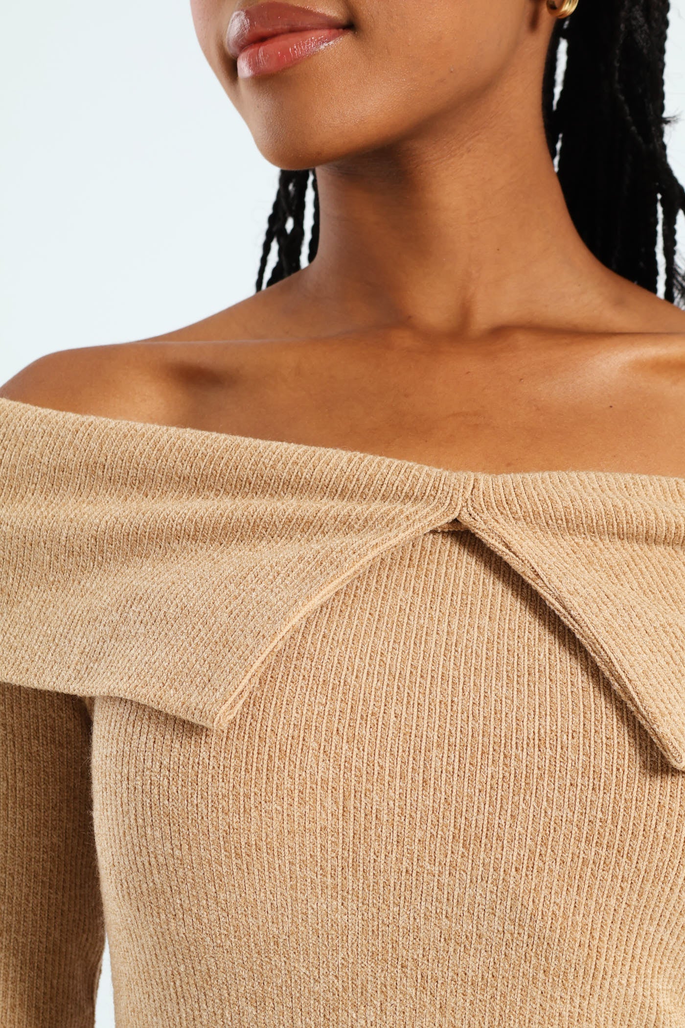 Long Sleeve Off The Soulder Cut And Sew Dress - Beige - Image 3