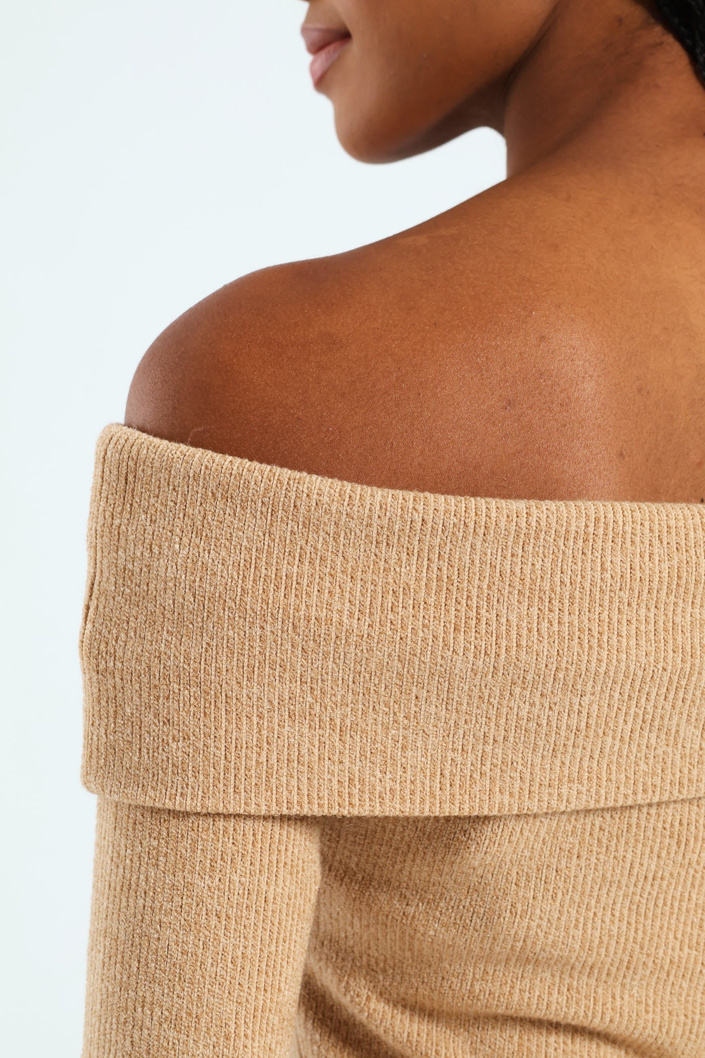 Long Sleeve Off The Soulder Cut And Sew Dress - Beige - Image 4