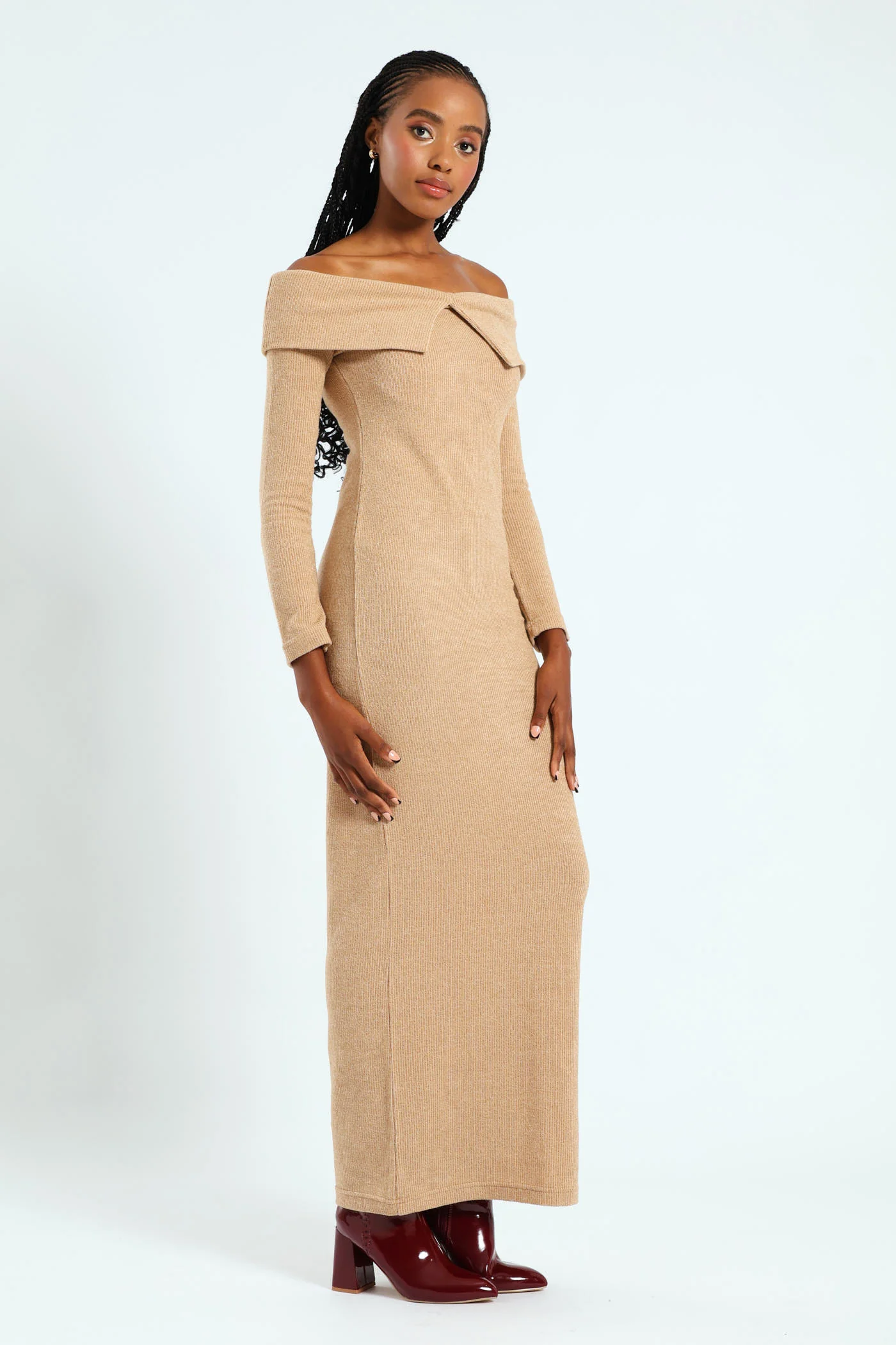 Long Sleeve Off The Soulder Cut And Sew Dress - Beige - Image 5