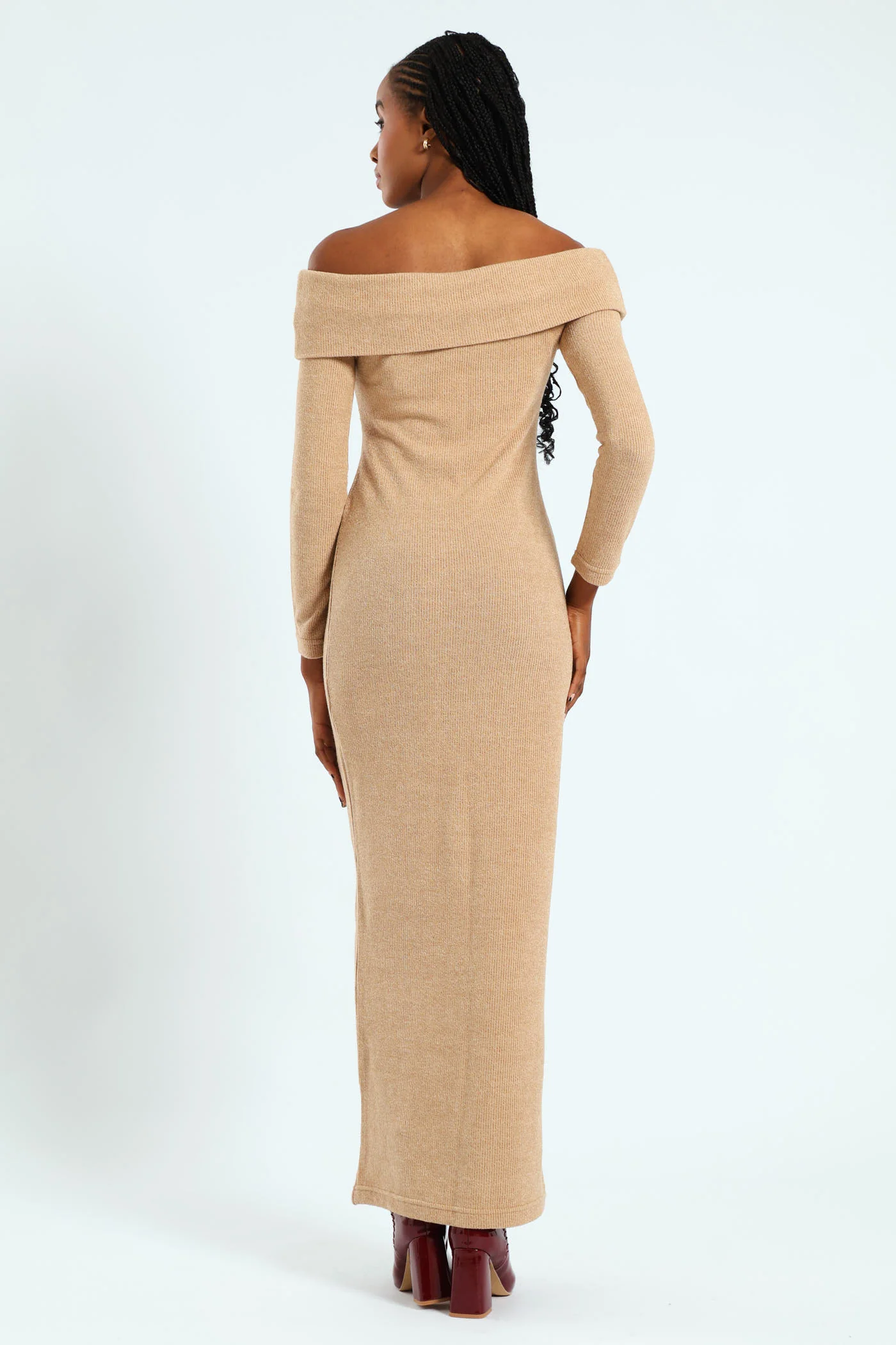Long Sleeve Off The Soulder Cut And Sew Dress - Beige - Image 6