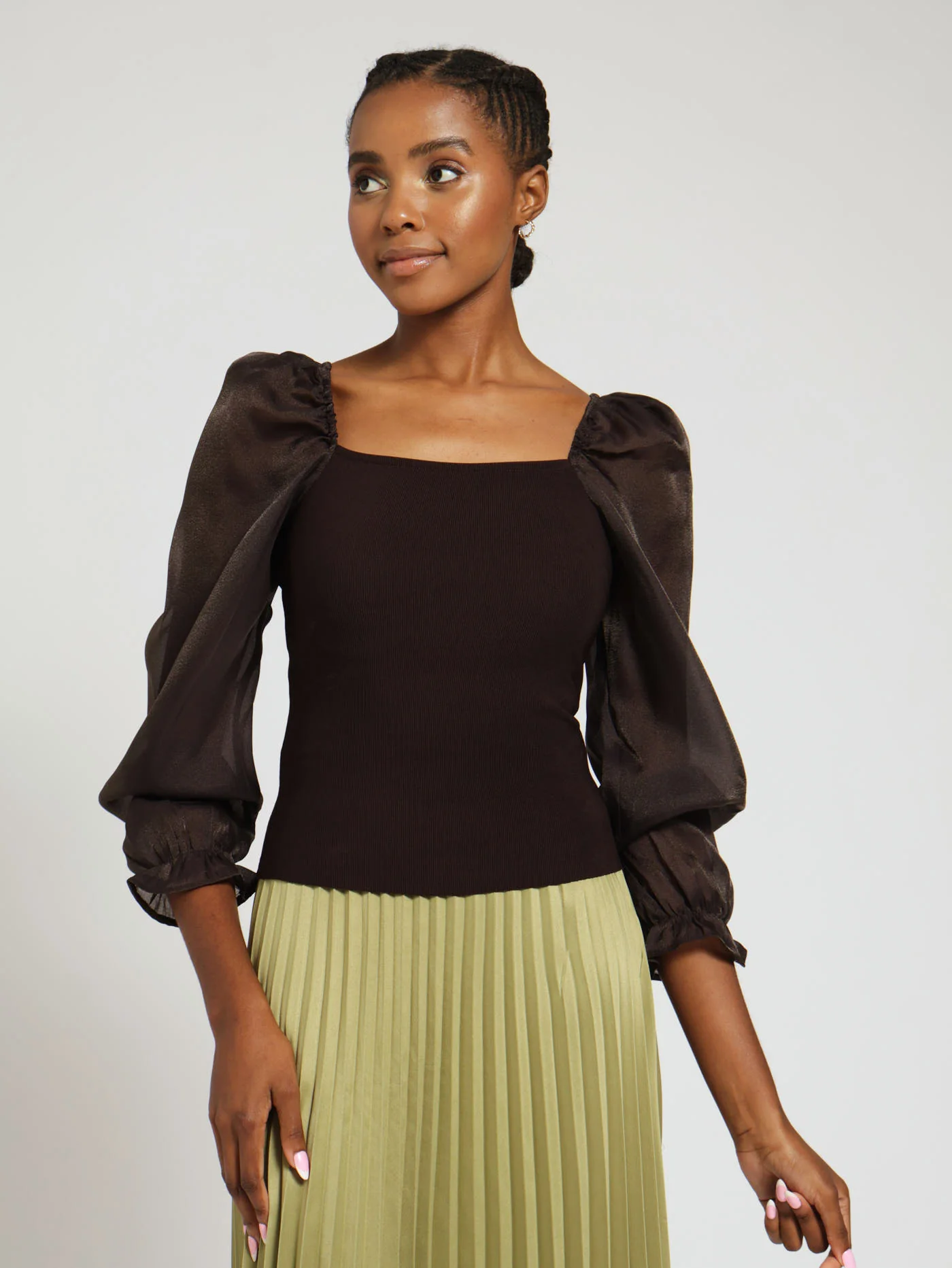 Long Sleeve Organza Knit Combo Top - Brown